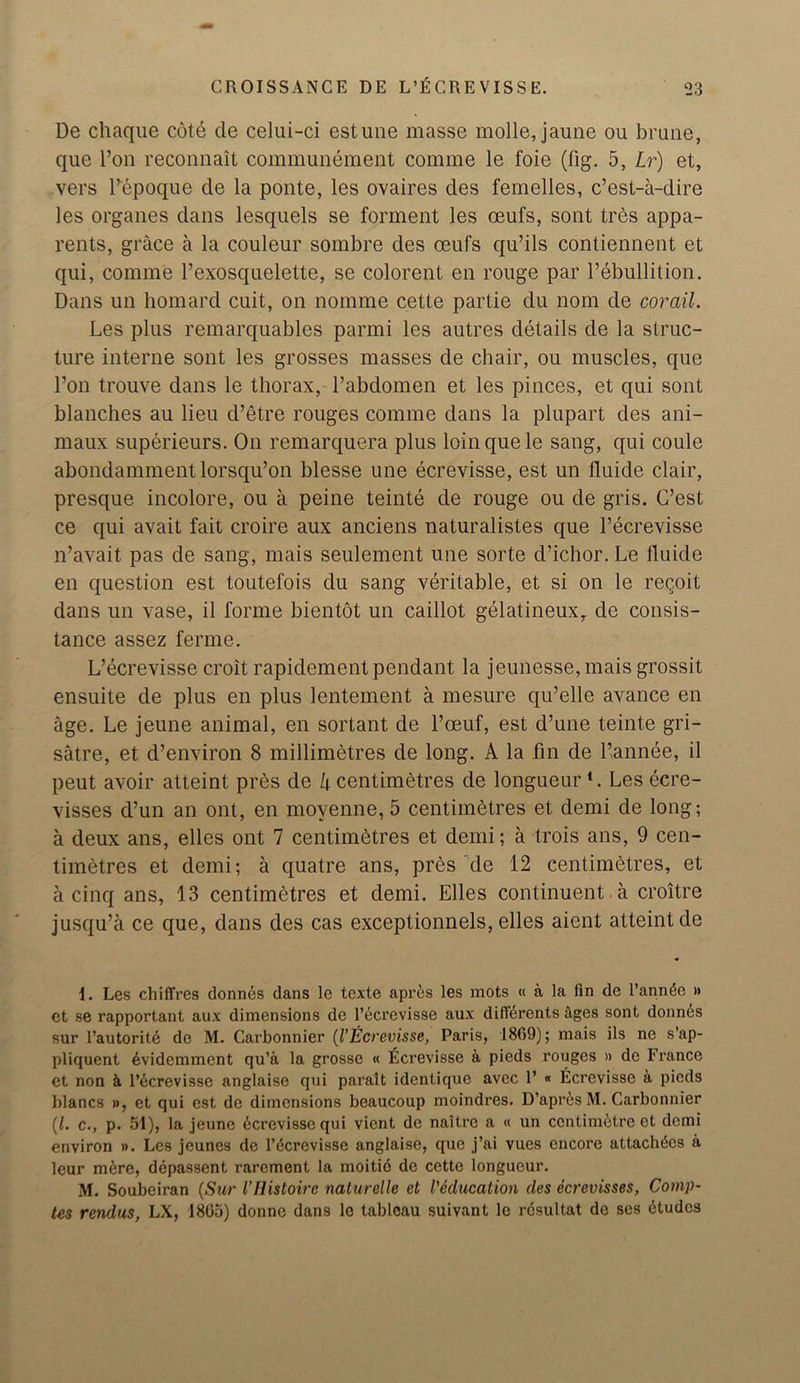 De chaque cote cle celui-ci estune masse molle, jaune ou brune, que Ton reconnait communement comme le foie (fig. 5, Lr) et, vers Pepoque de la ponte, les ovaires des femelles, c’est-a-dire les organes dans lesquels se foment les ceufs, sont tres appa- rents, grace a la couleur sombre des oeufs qu’ils contiennent et qui, comme l’exosquelette, se colorent en rouge par P ebullition. Dans un homard cuit, on nomme cette partie du nom de corail. Les plus remarquables parmi les autres details de la struc- ture interne sont les grosses masses de chair, ou muscles, que Ton trouve dans le thorax, Pabdomen et les pinces, et qui sont blanches au lieu d’etre rouges comme dans la plupart des ani- maux superieurs. On remarquera plus loin que le sang, qui coule abondamment lorsqu’on blesse une ecrevisse, est un fluide clair, presque incolore, ou a peine teinte de rouge ou de gris. C’est ce qui avait fait croire aux anciens naturalistes que l’ecrevisse n’avait pas de sang, mais seulement une sorte d’ichor. Le fluide en question est toutefois du sang veritable, et si on le reqoit dans un vase, il forme bientot un caillot gelatineux, de consis- tance assez ferine. L’ecrevisse croit rapidement pendant la jeunesse,mais grossit ensuite de plus en plus lentement a mesure qu’elle avance en age. Le jeune animal, en sortant de l’ceuf, est d’une teinte gri- satre, et d’environ 8 millimetres de long. A la fin de l’annee, il peut avoir atteint pres de k centimetres de longueur *. Les ecre- visses d’un an ont, en moyenne, 5 centimetres et demi de long; a deux ans, elles ont 7 centimetres et demi; a trois ans, 9 cen- timetres et demi; a quatre ans, pres de 12 centimetres, et a cinq ans, 13 centimetres et demi. Elles continuent a croitre jusqu’a ce que, dans des cas exceptionnels, elles aient atteint de t. Les chiffres donnds dans le texte apres les mots « a la fin de l’annde » et se rapportant aux dimensions de l’ecrevisse aux difldrents ages sont donnes sur l’autoritd de M. Carbonnier (VEcrevisse, Paris, 1809); mais ils ne s'ap- pliquent dvidemmcnt qu’a la grosse « ficrevisse a pieds rouges » de France et non k l’dcrevisse anglaise qui paralt identique avec 1’ « Ecrevisse a pieds blancs », et qui est de dimensions beaucoup moindres. D’aprds M. Carbonnier (/. c., p. 51), la jeune dcrevissequi vicnt de naitrc a « un centimetre et demi environ ». Les jeunes de l’dcrevisse anglaise, que j’ai vues encore attachdcs a leur mere, depassent rarement la moitie de cette longueur. M. Soubeiran (Sur I’Histoirc naturelle et Veducation des ecrevisses, Comp- tes rendus, LX, 1805) donne dans le tabloau suivant le rcsultat de ses dtudcs