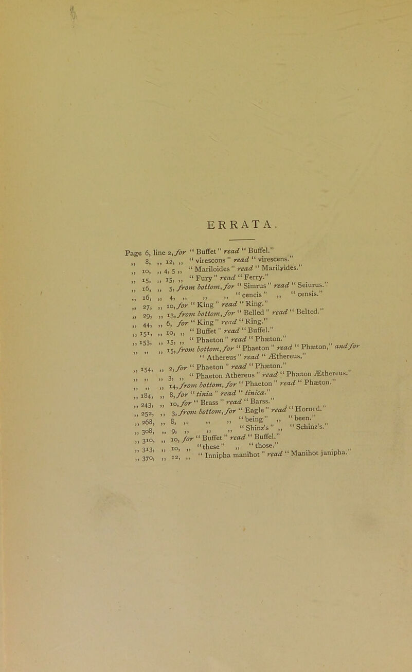 ERRATA. Page 6, 8, .. lo. .> 15. „ 16, ,1 27. .. 29. I. 44. 151. >. 153. .. IS4. >) n n n »»^84, 243. „ 252, »268, .. 308. >. 310. »313. >. 370. line 2,/oJ- “ Buefel read “ Buffel. 12, „ “ virescons  “ virescens. .1 4. 5 11 “ Mariloides  read “ Marilyides.’ ,,15,., “ Fury Ferry. 5, from bottom, for “ Simrus  read “ Seiurus. 4, n .. “cenas “ censis.” „ \o,for “ King ’’ read “ Ring. iZ,/rom bottom, for  Belled  read “ Belted. „ 6, for “ King read “ Ring.” „ 10, „ “ Buffet Buffel. .. 25. II “ Phaeton  “ Phteton. ” r^,from bottom, for “ Phaeton  read “ Pha:ton, and for “ Athereus  read ” iEthereus. , ,, 2, yhr ” Phaeton  ” Phteton.  3, „ “ Phaeton Athereus  read “ Pha;ton .lEtheruus. Ufrom bottom, for  Phaeton  read “ Photon. i,for “ tinia ” read “ tinica.” ia,for “ Brass  read “ Barss. Z.from bottom, for “ Eagle  read “ Horned.” 8, „ „ I. “being „ “been.” 9, „ I. I. “Shinz’s I. “Schinz's. JO, for “ Buffet read “ Buffel. 10, „ “these I. “those. 12 I “ Innipha manihot rcarf “ Manihot janipha.