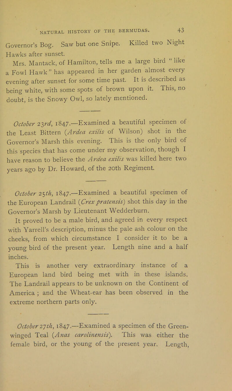 Governor’s Bog. Saw but one Snipe. Killed two Night Hawks after sunset. Mrs. Mantack, of Hamilton, tells me a large bird “ like a Fowl Hawk” has appeared in her garden almost every evening after sunset for some time past. It is described as being white, with some spots of brown upon it. This, no doubt, is the Snowy Owl, so lately mentioned. October 2ird, 1847.—Examined a beautiful specimen of the Least Bittern {Ardea exilis of Wilson) shot in the Governor’s Marsh this evening. This is the only bird of this species that has come under my observation, though I have reason to believe the Ardea exilis was killed here two years ago by Dr. Howard, of the 20th Regiment. October 2^th, 1847.—Examined a beautiful specimen of the European Landrail {Crexpratensis) shot this day in the Governor’s Marsh by Lieutenant Wedderburn. It proved to be a male bird, and agreed in every respect with Yarrell’s description, minus the pale ash colour on the cheeks, from which circumstance I consider it to be a young bird of the present year. Length nine and a half inches. This is another very extraordinary instance of a European land bird being met with in these islands. The Landrail appears to be unknown on the Continent of America ; and the Wheat-ear has been observed in the extreme northern parts only. October 2yih, 1847.—Examined a specimen of the Green- winged Teal {Alias carolinensis). This was either the female bird, or the young of the present year. Length,