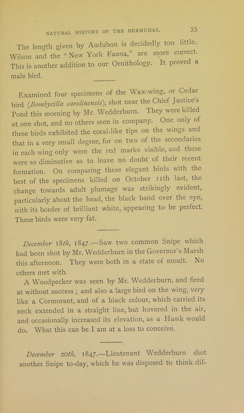 The length given by Audubon is decidedly too little. Wilson and the “ New York Fauna,” are more correct. This is another addition to our Ornithology. It proved a male bird. Examined four specimens of the Wax-wmg, or Cedar bird [Bombycilia carolinensis), shot near the Chief Justices Pond this morning by Mr. Wedderburn. They were killed at one shot, and no others seen in company. One only of these birds exhibited the coral-like tips on the wings and that in a very small degree, for on two of the secondaiies in each wing only were the red marks visible, and these were so diminutive as to leave no doubt of their recent formation. On comparing these elegant birds with the best of the specimens killed on October nth last, the change towards adult plumage was strikingly evident, particularly about the head, the black band over the eye, with its border of brilliant white, appearing to be perfect. These birds were very fat. December \%th, 1847.—Saw two common Snipe which had been shot by Mr. Wedderburn in the Governor’s Marsh this afternoon. They were both in a state of moult. No others met with. A Woodpecker was seen by Mr. Wedderburn, and fired at without success ; and also a large bird on the wing, very like a Cormorant, and of a black colour, which carried its neck extended in a straight line, but hovered in the air, and occasionally increased its elevation, as a Hawk would do. What this can be I am at a loss to conceive. December 20th, 1847.—Lieutenant Wedderburn shot another Snipe to-day, which he was disposed to think dif-