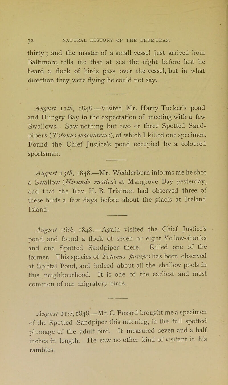 thirty; and the master of a small vessel just arrived from Baltimore, tells me that at sea the night before last he heard a flock of birds pass over the vessel, but in what direction they were flying he could not say. August iitk, 1848.—Visited Mr. Harry Tucker’s pond and Hungry Bay in the expectation of meeting with a few Swallows. Saw nothing but two or three Spotted Sand- pipers {Totanus inacularius\ of which I killed one specimen. Found the Chief Justice’s pond occupied by a coloured sportsman. August I2)th, 1848.—Mr. Wedderburn informs me he shot a Swallow (^Hirundo rusticd) at Mangrove Bay yesterday, and that the Rev. H. B. Tristram had observed three of these birds a few days before about the glacis at Ireland Island. August \6th, 1848.—Again visited the Chief Justice’s pond, and found a flock of seven or eight Yellow-shanks and one Spotted Sandpiper there. Killed one of the former. This species of Totanus flavipes has been observed at Spittal Pond, and indeed about all the shallow pools in this neighbourhood. It is one of the earliest and most common of our migratory birds. Atigust 2ist, 1848.—Mr. C. Fozard brought me a specimen of the Spotted Sandpiper this morning, in the full spotted plumage of the adult bird. It measured seven and a half inches in length. He saw no other kind of visitant in his rambles.