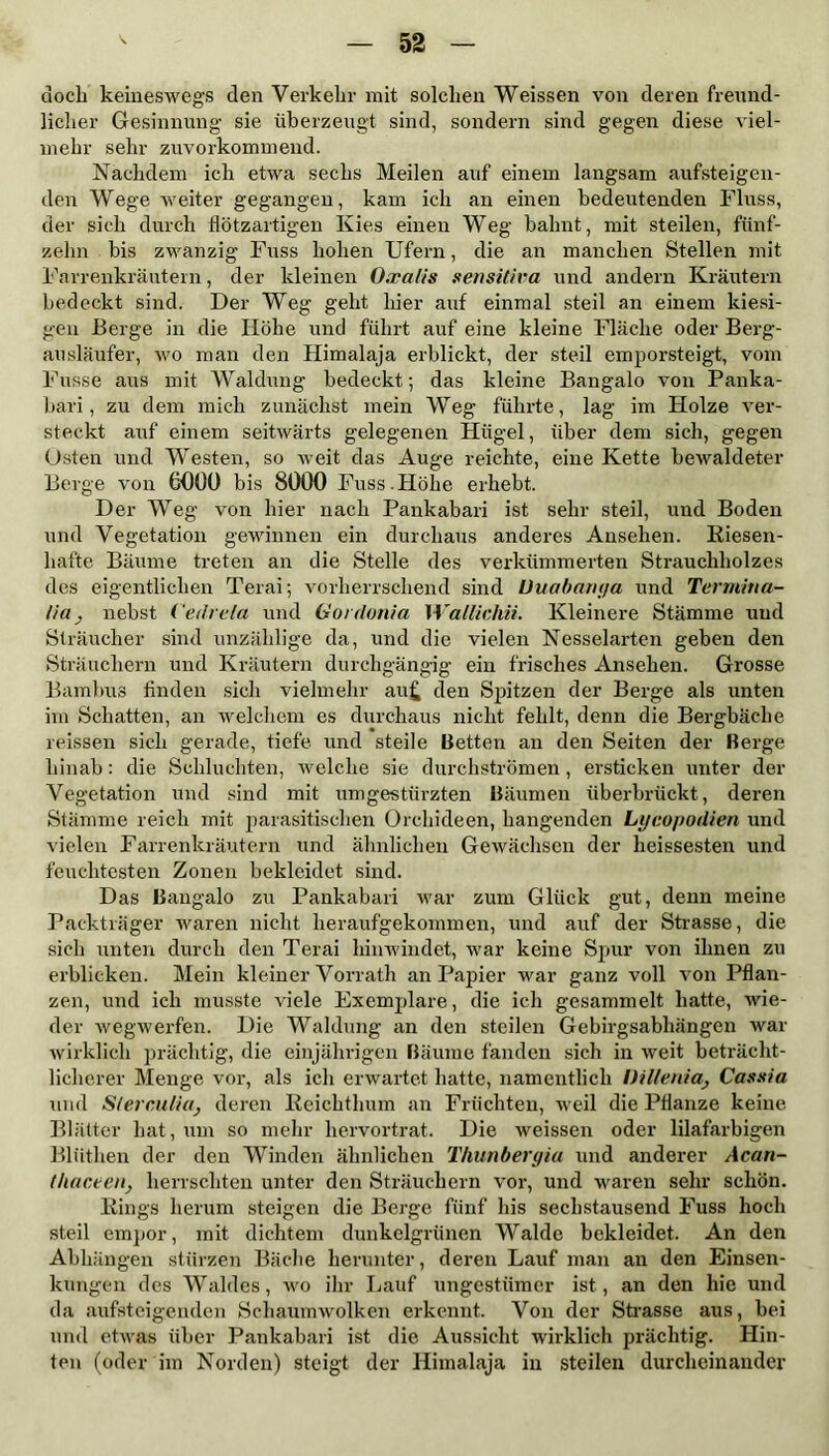 doch keineswegs den Verkehr mit solchen Weissen von deren freund- licher Gesinnung sie überzeugt sind, sondern sind gegen diese viel- mehr sehr zuvorkommend. Nachdem ich etwa sechs Meilen auf einem langsam aufsteigen- den Wege weiter gegangen, kam ich an einen bedeutenden Fluss, der sich durch flötzartigen Kies einen Weg bahnt, mit steilen, fünf- zehn bis zwanzig Fuss hohen Ufern, die an manchen Stellen mit Farrenkräutern, der kleinen Oxalis sensitiva und andern Kräutern bedeckt sind. Der Weg geht hier auf einmal steil an einem kiesi- gen Berge in die Höhe und führt auf eine kleine Fläche oder Berg- ausläufer, wo man den Himalaja erblickt, der steil emporsteigt, vom Fusse aus mit Waldung bedeckt; das kleine Bangalo von Panka- bari, zu dem mich zunächst mein Weg führte, lag im Holze ver- steckt auf einem seitwärts gelegenen Hügel, über dem sich, gegen Osten und Westen, so weit das Auge reichte, eine Kette bewaldeter Berge von 6000 bis 8000 Fuss.Höhe erhebt. Der Weg von hier nach Pankabari ist sehr steil, und Boden und Vegetation gewinnen ein durchaus anderes Ansehen. Kiesen- hafte Bäume treten an die Stelle des verkümmerten Strauchholzes des eigentlichen Terai; vorherrschend sind Uuabanga und Termina- lia, nebst Cedrela und Gordonia Wallichii. Kleinere Stämme und Sträueher sind unzählige da, und die vielen Nesselarten geben den Sträuchern und Kräutern durchgängig ein frisches Ansehen. Grosse Bambus finden sich vielmehr au£ den Spitzen der Berge als unten im Schatten, an welchem es durchaus nicht fehlt, denn die Bergbäche reissen sich gerade, tiefe und steile Betten an den Seiten der Berge hinab: die Schluchten, welche sie durchströmen, ersticken unter der Vegetation und sind mit umgestürzten Bäumen überbrückt, deren Stämme reich mit parasitischen Orchideen, hangenden Lycopodien und vielen Farrenkräutern und ähnlichen Gewächsen der heissesten und feuchtesten Zonen bekleidet sind. Das Bangalo zu Pankabari war zum Glück gut, denn meine Packträger waren nicht heraufgekommen, und auf der Strasse, die sich unten durch den Terai hinwindet, war keine Spur von ihnen zu erblicken. Mein kleiner Vorrath an Papier war ganz voll von Pflan- zen, und ich musste viele Exemplare, die ich gesammelt hatte, wie- der wegwerfen. Die Waldung an den steilen Gebirgsabhängen war wirklich prächtig, die einjährigen Bäume fänden sich in weit beträcht- licherer Menge vor, als ich erwartet hatte, namentlich Uillenia, Cassia und Slerculia} deren Reichtlmm an Früchten, weil die Pflanze keine Blätter hat, um so mehr hervortrat. Die weissen oder lilafarbigen Bliithen der den Winden ähnlichen Thunbergia und anderer Acan- thaceen} herrschten unter den Sträuchern vor, und waren sehr schön. Kings herum steigen die Berge fünf bis sechstausend Fuss hoch steil empor, mit dichtem dunkelgrünen Walde bekleidet. An den Abhängen stürzen Bäche herunter, deren Lauf man an den Einsen- kungen des Waldes, wo ihr Lauf ungestümer ist, an den hie und da aufsteigenden Schaumwolken erkennt. Von der Strasse aus, bei und etwas über Pankabari ist die Aussicht wirklich prächtig. Hin- ten (oder im Norden) steigt der Himalaja in steilen durcheinander