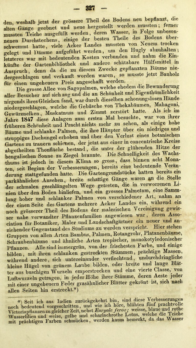 den, weshalb jetzt der grössere Theil des Bodens neu bepflanzt, die alten Gänge geebnet und neue hergestellt werden mussten, femei mussten Teiche ausgefüllt werden, deren Wasser, m Folge unbeson- nenen Durchstechens, einige der besten The.le des Bodens über- schwemmt hatte, viele Acker Landes mussten von Neuem trocken gelegt und Dämme aufgeführt werden, um den Hugly abzuhalten, letzteres war mit bedeutenden Kosten verbunden und nahm die Ein- künfte der Gartenbibliothek und andere schätzbare Hulfsmittel m Anspruch, denn da die zu diesem Zwecke gepflanzten Bäume nie- dergeschlagen und verkauft worden waren, so musste jetzt Bauholz für einen Ungeheuern Preis angeschafft werden. Die grosse Allee von Sagopalmen, welche ehedem die Bewunderung aller Besucher auf sich zog und die an Schönheit und Eigentümlichkeit nirgends ihres Gleichen fand, war durch dieselben schonungslosen Hände niedergeschlagen, welche die Gebüsche von Thekabäumen, Mahagoni, Gewürznelken, Muskatnuss und Zimmt zerstört hatte. Als ich im Jahre 1847 diese Anlagen zum ersten Mal besuchte, war von ihrer früheren Schönheit und Pracht nichts mehr zu sehen, als .einige hohe Bäume und schlanke Palmen, die ihre Häupter über em niedriges und struppiges Dschungel erhoben und über den Verlust eines botanischen Gartens zu trauern schienen, der jetzt aus einer in concentrischeKreise abgetheilten Thonfläche bestand, die unter der glühenden Hige der bengalischen Sonne zu Ziegel brannte. Die Schnelligkeit des Wachs- tums ist jedoch in diesem Klima so gross, dass binnen acht Mona- ten seit Beginn der Verbesserungen, bereits eine bedeutende Verän- derung stattgefunden hatte. Die Gartengrundstücke hatten bereits em parkähnliches Ansehen, breite schattige Gänge waren an die Stelle der schmalen geschlängelten Wege getreten, die m verworrenen Li- nien über den Boden hinliefen, und ein grosses Palmetum, eine Samm- lung hoher und schlanker Palmen von verschiedener Art, nahm an der einen Seite des Gartens mehrere Acker Landes ein, während ein noch grösserer Theil des Bodens der malerischen Vereinigung gewis- ser nahe verwandter Pflanzenfamilien angewiesen war, deren Asso- ciation für Botaniker, Maler und Landschaftgärtner ein neuer und an- ziehender Gegenstand des Studiums zu werden verspricht. Hier stehen Gruppen von allen Arten Bambus, Palmen, Rotangrohr, Platanenbaume, Schraubenbäume und ähnliche Arten tropischer, monokotyledonischer Pflanzen. Alle sind immergrün, von der frischesten I arbe, und einige bilden, mit ihren schlanken gestreckten Stämmen, prächtige Massen, während andere, sich untereinander verflechtend, undurchdringliche kleine Hügel von grünem Laube bilden, oder breite und lange Blat- ter aus buschigen Wurzeln emporstrecken und eine vierte Classe,_ von Luftwurzeln getragen, in jeder Höhe ihrer Stämme, deren Aeste jeder mit einer Ungeheuern Feder grasähnlicher Blätter gekrönt ist, sich nach allen Seiten hin erstreckt.*) *') Seit ich aus Indien zurückgekehrt bin, sind diese Verbesserungen noch bedeutend vorgeschritten, und wie ich höre, blühten fünf prachtvolle Victoriapflanzen zu gleicher Zeit, nebst Euryale ferox-, weisse, hlaue md xothe Wasserlilien und weise, gelbe und scharlachrothe Lotus, welche die Teiche mit prächtigen Farben schmücken, werden kaum bemerkt, da das Wasser