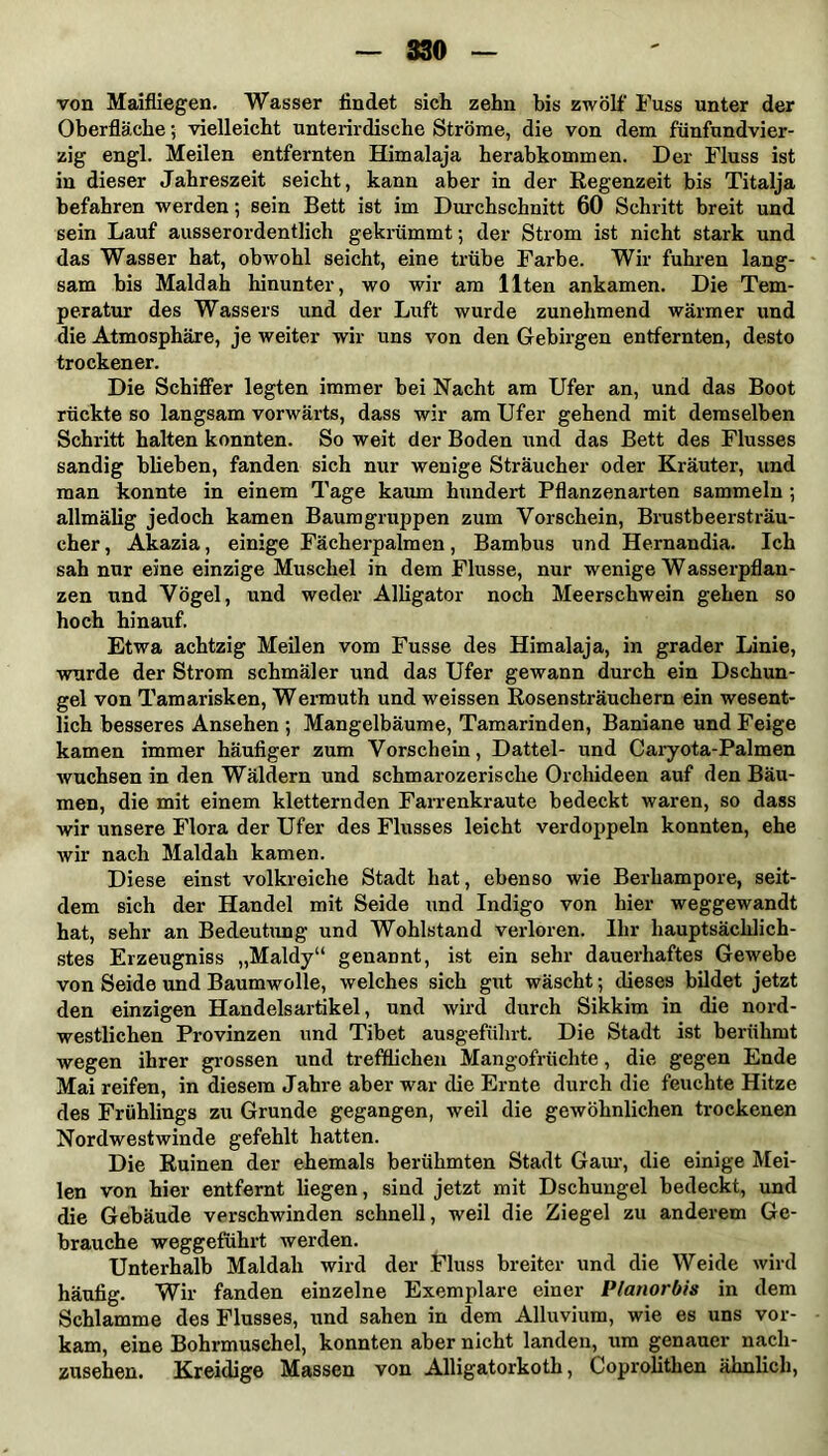 von Maifliegen. Wasser findet sich zehn bis zwölf Fuss unter der Oberfläche; vielleicht unterirdische Ströme, die von dem fünfundvier- zig engl. Meilen entfernten Himalaja herabkommen. Der Fluss ist in dieser Jahreszeit seicht, kann aber in der Regenzeit bis Titalja befahren werden; sein Bett ist im Durchschnitt 60 Schritt breit und sein Lauf ausserordentlich gekrümmt; der Strom ist nicht stark und das Wasser hat, obwohl seicht, eine trübe Farbe. Wir fuhren lang- sam bis Maldah hinunter, wo wir am Ilten ankamen. Die Tem- peratur des Wassers und der Luft wurde zunehmend wärmer und die Atmosphäre, je weiter wir uns von den Gebirgen entfernten, desto trockener. Die Schiffer legten immer bei Nacht am Ufer an, und das Boot rückte so langsam vorwärts, dass wir am Ufer gehend mit demselben Schritt halten konnten. So weit der Boden und das Bett des Flusses sandig blieben, fanden sich nur wenige Sträucher oder Kräuter, und man konnte in einem Tage kaum hundert Pflanzenarten sammeln ; allmälig jedoch kamen Baumgruppen zum Vorschein, Brustbeersträu- cher, Akazia, einige Fächerpalmen, Bambus und Hernandia. Ich sah nur eine einzige Muschel in dem Flusse, nur wenige Wasserpflan- zen und Vögel, und weder Alligator noch Meerschwein gehen so hoch hinauf. Etwa achtzig Meilen vom Fusse des Himalaja, in grader Linie, wurde der Strom schmäler und das Ufer gewann durch ein Dschun- gel von Tamarisken, Wermuth und weissen Rosensträuchern ein wesent- lich besseres Ansehen ; Mangelbäume, Tamarinden, Baniane und Feige kamen immer häufiger zum Vorschein, Dattel- und Caryota-Palmen wuchsen in den Wäldern und schmarozerische Orchideen auf den Bäu- men, die mit einem kletternden Farrenkraute bedeckt waren, so dass wir unsere Flora der Ufer des Flusses leicht verdoppeln konnten, ehe wir nach Maldah kamen. Diese einst volkreiche Stadt hat, ebenso wie Berhampore, seit- dem sich der Handel mit Seide und Indigo von hier weggewandt hat, sehr an Bedeutung und Wohlstand verloren. Ihr hauptsächlich- stes Erzeugniss „Maldy“ genannt, ist ein sehr dauerhaftes Gewebe von Seide und Baumwolle, welches sich gut wäscht; dieses bildet jetzt den einzigen Handelsartikel, und wird durch Sikkim in die nord- westlichen Provinzen und Tibet ausgeführt. Die Stadt ist berühmt wegen ihrer grossen und trefflichen Mangofrüchte, die gegen Ende Mai reifen, in diesem Jahre aber war die Ernte durch die feuchte Hitze des Frühlings zu Grunde gegangen, weil die gewöhnlichen trockenen Nordwestwinde gefehlt hatten. Die Ruinen der ehemals berühmten Stadt Garn1, die einige Mei- len von hier entfernt liegen, sind jetzt mit Dschungel bedeckt, und die Gebäude verschwinden schnell, weil die Ziegel zu anderem Ge- brauche weggeführt werden. Unterhalb Maldah wird der Fluss breiter und die Weide wird häufig. Wir fanden einzelne Exemplare einer Planorbis in dem Schlamme des Flusses, und sahen in dem Alluvium, wie es uns vor- kam, eine Bohrmuschel, konnten aber nicht landen, um genauer nach- zusehen. Kreidige Massen von Alligatorkoth, Coprolithen ähnlich,