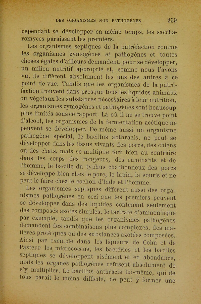 cependant se developper en m6me temps, les saccha- romyces paraissant les premiers. Les organismes septiques de la putrefaction comme les organismes zymogenes et pathogenes et toutes choses egales d’ailleurs demandent, pour se developper, un milieu nutritif approprie et, comme nous I’avons vu, ils different absolument les uns des autres a ce point de vue. Tandis que les organismes de la putre- faction trouvent dans presque tons les liquides animaux ou vegetaux les substances necessaires a leur nutrition, les organismes zymogenes et pathogenes sent beaucoup plus limites sous ce rapport. La on it ne se trouve point d’alcool, les organismes de la fermentation acetique ne peuvent se developper. De meme aussi un organisme pathogene special, le bacillus anthracis, ne pent se developper dans les tissus vivants des pores, des cliiens ou des chats, mais se multiplie fort bien au conlraire dans les corps des rongeurs, des ruminants et de 1 homme, le bacille du typhus charbonneux des pores se developpe bien chez le pore, le lapin, la souris et ne pent le faire chez le cochon d’Inde et I’liomme. Les organismes septiques different aussi des orga- nismes pathogenes en ceci que les premiers peuvent se developper dans des liquides contenant seulement des composes azotes simples, le tartrate d’ammoniaque par exemple, tandis que les organismes pathogenes demandent des combinaisons plus complexes, des ma- lieres prot^iques ou des substances azotees composees. Ainsi par exemple dans les liqueurs de Cohn et de Pasteur les micrococcus, les bacLeries et les bacilles septiques se developpent aisement et en abondance, mais les organes pathogenes refusent absolument de s y multiplier. Le bacillus anthracis lui-meme, qui de tons parait le moins difficile, ne pent y former une