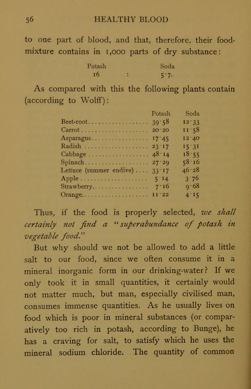 to one part of blood, and that, therefore, their food- mixture contains in 1,000 parts of dry substance: Potash Soda 16 : 5-7- As compared with this the following plants contain (according to Wolff): Potash Soda Beet-root •• 39'58 1233 Carrot 1158 Asparagus •• I7-45 12-40 Radish .. 2317 1531 Cabbage .. 48-14 i8'55 Spinach .. 27 29 58 16 Lettuce (summer endive) .. •• 3317 46-28 Apple .. 514 3'76 Strawberry 7-16 9-68 Orange .. II'22 4 15 Thus, if the food is proper ly selected, we shall certainly not find a “ superabundance of potash in vegetable food. But why should we not be allowed to add a little salt to our food, since we often consume it in a mineral inorganic form in our drinking-water f If we only took it in small quantities, it certainly would not matter much, but man, especially civilised man, consumes immense quantities. As he usually lives on food which is poor in mineral substances (or compar- atively too rieh in potash, according to Bunge), he has a craving for salt, to satisfy which he uses the mineral sodium chloride. The quantity of common