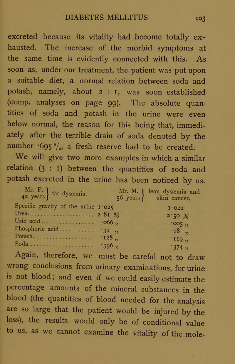 excreted because its vitality had become totally ex- hausted. The increase of the morbid Symptoms at the same time is evidently connected with this. As soon as, under our treatment, the patient was put upon a suitable diet, a normal relation between soda and potash, namcly, about 2:1, was soon established (comp, analyses on page 99). The absolute quan- tities of soda and potash in the urine were even below normal, the reason for this being that, immedi- ately after the terrible drain of soda denoted by the number -695 %, a fresh reserve had to be created. We will give two more examples in which a similar relation (3:1) between the quantities of soda and potash excreted in the urine has been noticed by us. Mr. F. 1 42 yearsj fat dysasmia. Mr. M. | lean dysaemia and 56 years J skin cancer. Specific gravity of the urine I • 025 Urea 2 81 % Uric acid 066 „ Phosphoric acid -31 potash. • 128 „ ‘396 „ Soda. 1-022 2-50 % •005 „ •18 „ ' u9 » ‘374 „ Again, therefore, we must be careful not to draw wrong conclusions from urinary examinations, for urine is not blood; and even if we could easily estimate the percentage amounts of the mineral substances in the blood (the quantities of blood needed for the analysis are so large that the patient would be injured by the loss), the results would only be of conditional value to us, as we cannot examine the vitality of the mole-