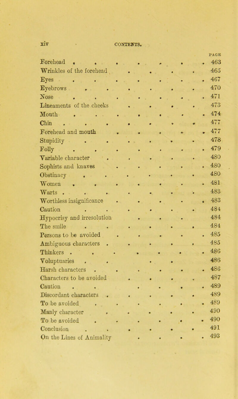 PAGE Forehead * . • • #• • • 463 Wrinkles of the forehead • • • 9 465 Eyes • • • • • 467 Eyebrows • • 9 • 470 Nose • • • • 471 Lineaments of the cheeks • • • • 473 Mouth • • • 9 • 474 Chin . . . • • * 0 477 Forehead and mouth • • 4 U » 477 Stupidity • • * 9 478 Folly • • • 9 • 479 Variable character • • 9 9 480 Sophists and knaves • • • 9 • 4S0 Obstinacy . • • • 9 480 Women . . • • • • • 481 W arts . • • • 9 483 Worthless insignificance • • • • • 483 Caution • • • • 484 Hypocrisy and irresolution • 9 • 484 The smile • • • f 484 Persons to be avoided • • 9 • • 485 Ambiguous characters . • • • f 485 Thinkers . . • • • • • 486 Voluptuaries • • 486 Harsh characters • • • • • 4S6 Characters to be avoided • • • 9 487 Caution • • • 9 489 Discordant characters • • • • 489 To be avoided • • • • 9 489 Manly character • • • • 490 To be avoided ■ • • • m 490 Conclusion • • • • 491 On the Lines of Animality • • • 9 493