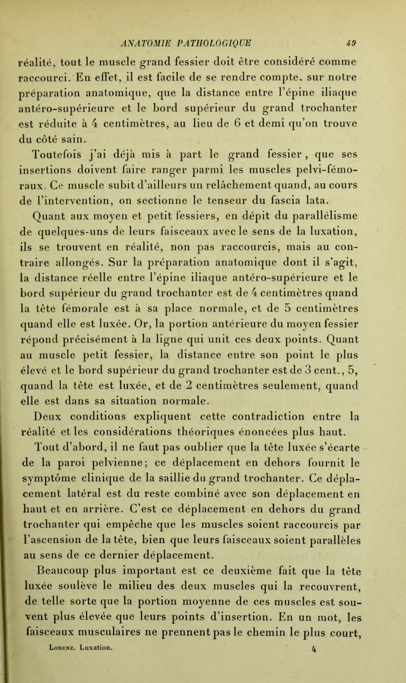 réalité, tout le muscle grand fessier doit être considéré comme raccourci. En effet, il est facile de se rendre compte, sur notre préparation anatomique, que la distance entre l’épine iliaque antéro-supérieure et le bord supérieur du grand trochanter est réduite à 4 centimètres, au lieu de 6 et demi qu’on trouve du côté sain. Toutefois j’ai déjà mis à part le grand fessier , que ses insertions doivent faire ranger parmi les muscles pelvi-fémo- raux. Ce muscle subit d’ailleurs un relâchement quand, au cours de l’intervention, on sectionne le tenseur du fascia lata. Quant aux moyen et petit fessiers, en dépit du parallélisme de quelques-uns de leurs faisceaux avec le sens de la luxation, ils se trouvent en réalité, non pas raccourcis, mais au con- traire allongés. Sur la préparation anatomique dont il s’agit, la distance réelle entre l’épine iliaque antéro-supérieure et le bord supérieur du grand trochanter est de 4 centimètres quand la tête fémorale est à sa place normale, et de 5 centimètres quand elle est luxée. Or, la portion antérieure du moyen fessier répond précisément à la ligne qui unit ces deux points. Quant au muscle petit fessier, la distance entre son point le plus élevé et le bord supérieur du grand trochanter est de 3 cent., 5, quand la tète est luxée, et de 2 centimètres seulement, quand elle est dans sa situation normale. Deux conditions expliquent cette contradiction entre la réalité et les considérations théoriques énoncées plus haut. Tout d’abord, il ne faut pas oublier que la tête luxée s’écarte de la paroi pelvienne; ce déplacement en dehors fournit le symptôme clinique de la saillie du grand trochanter. Ce dépla- cement latéral est du reste combiné avec son déplacement en haut et en arrière. C’est ce déplacement en dehors du grand trochanter qui empêche que les muscles soient raccourcis par l’ascension de la tête, bien que leurs faisceaux soient parallèles au sens de ce dernier déplacement. Beaucoup plus important est ce deuxième fait que la tète luxée soulève le milieu des deux muscles qui la recouvrent, de telle sorte que la portion moyenne de ces muscles est sou- vent plus élevée que leurs points d’insertion. En un mot, les faisceaux musculaires ne prennent pas le chemin le plus court, Lorenz. Luxation.