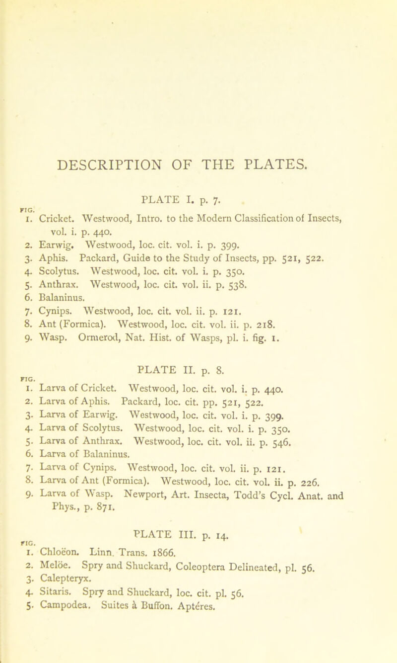 FIG. 1. 2. 3- 4- 5- 6. 7- 8. 9- FIG. 1. 2. 3- 4- 5- 6. 7- 8. 9- FIG. 1. 2. 3* 4- 5- PLATE I. p. 7. Cricket. Westwood, Intro, to the Modern Classification of Insects, vol. i. p. 440. Earwig. Westwood, loc. cit. vol. i. p. 399. Aphis. Packard, Guide to the Study of Insects, pp. 521, 522. Scolytus. Westwood, loc. cit. vol. i. p. 350. Anthrax. Westwood, loc. cit. vol. ii. p. 538. Balaninus. Cynips. Westwood, loc. cit. vol. ii. p. 121. Ant (Formica). Westwood, loc. cit. vol. ii. p. 218. Wasp. Ormerod, Nat. Hist, of Wasps, pi. i. fig. 1. PLATE II. p. 8. Larva of Cricket. Westwood, loc. cit. vol. i. p. 440. Larva of Aphis. Packard, loc. cit. pp. 521, 522. Larva of Earwig. Westwood, loc. cit. vol. i. p. 399. Larva of Scolytus. Westwood, loc. cit. vol. i. p. 350. Larva of Anthrax. Westwood, loc. cit. vol. ii. p. 546. Larva of Balaninus. Larva of Cynips. Westwood, loc. cit. vol. ii. p. 121. Larva of Ant (Formica). Westwood, loc. cit. vol. ii. p. 226. Larva of Wasp. Newport, Art. Insecta, Todd’s Cycl. Anat. and Phys., p. 871. PLATE III. p. 14. Chloeon. Linn. Trans. 1866. Meloc. Spry and Shuckard, Coleoptera Delineated, pi. 56. Calepteryx. Sitaris. Spry and Shuckard, loc. cit. pi. 56. Campodea. Suites & Bufion. Apteres.