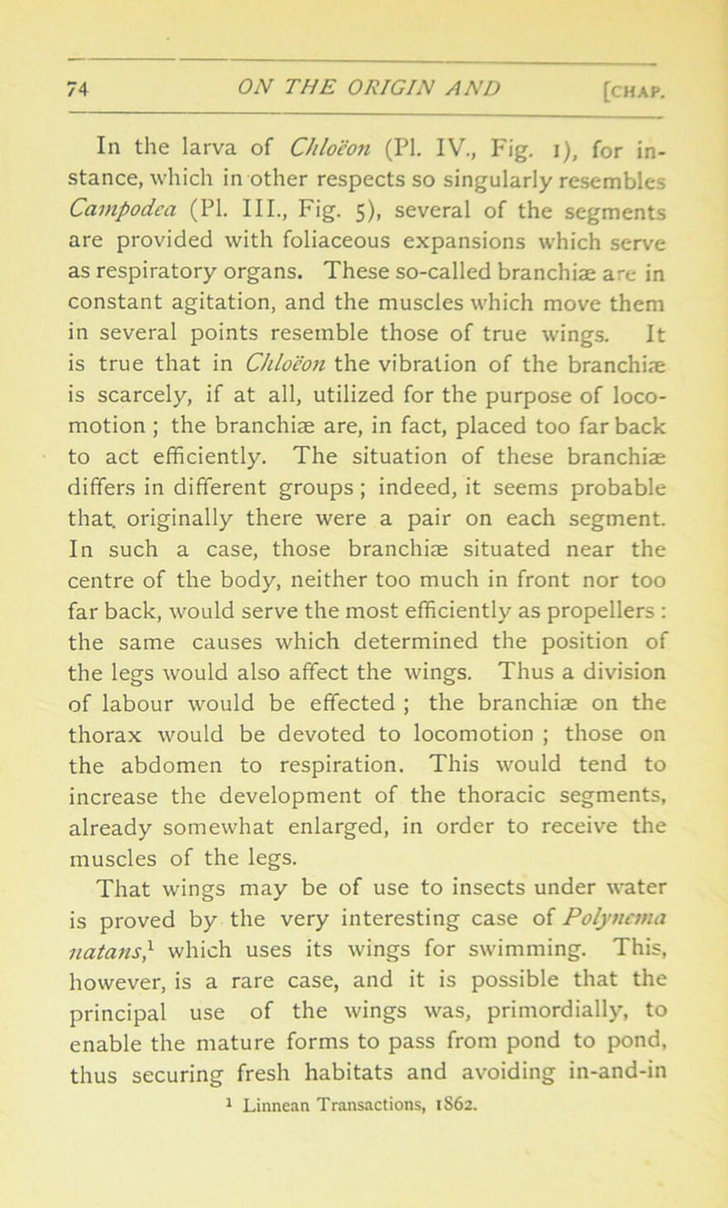 In the larva of Chloeon (PI. IV., Fig. i), for in- stance, which in other respects so singularly resembles Campodea (PI. III., Fig. 5), several of the segments are provided with foliaceous expansions which serve as respiratory organs. These so-called branchiae are in constant agitation, and the muscles which move them in several points resemble those of true wings. It is true that in Chloeon the vibration of the branchiae is scarcely, if at all, utilized for the purpose of loco- motion ; the branchiae are, in fact, placed too far back to act efficiently. The situation of these branchiae differs in different groups; indeed, it seems probable that, originally there were a pair on each segment. In such a case, those branchiae situated near the centre of the body, neither too much in front nor too far back, would serve the most efficiently as propellers : the same causes which determined the position of the legs would also affect the wings. Thus a division of labour would be effected ; the branchiae on the thorax would be devoted to locomotion ; those on the abdomen to respiration. This would tend to increase the development of the thoracic segments, already somewhat enlarged, in order to receive the muscles of the legs. That wrings may be of use to insects under water is proved by the very interesting case of Polynema natans} which uses its wings for swimming. This, however, is a rare case, and it is possible that the principal use of the wings was, primordially, to enable the mature forms to pass from pond to pond, thus securing fresh habitats and avoiding in-and-in 1 Linnean Transactions, 1S62.