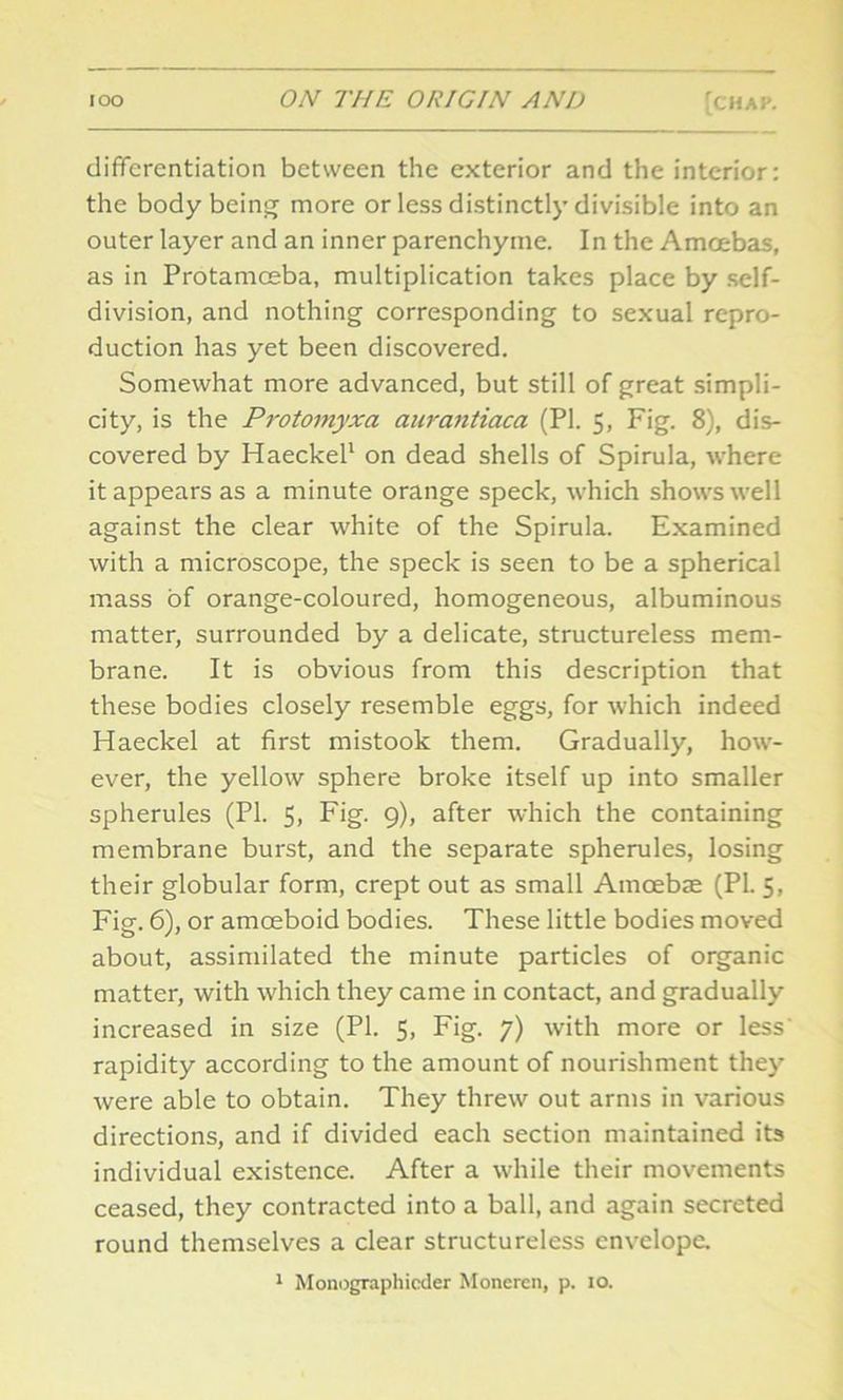 differentiation between the exterior and the interior: the body being more or less distinctly divisible into an outer layer and an inner parenchyme. In the Amcebas, as in Protamceba, multiplication takes place by self- division, and nothing corresponding to sexual repro- duction has yet been discovered. Somewhat more advanced, but still of great simpli- city, is the Protomyxa anrantiaca (PI. 5, Fig. 8), dis- covered by Haeckel1 on dead shells of Spirula, where it appears as a minute orange speck, which shows well against the clear white of the Spirula. Examined with a microscope, the speck is seen to be a spherical mass of orange-coloured, homogeneous, albuminous matter, surrounded by a delicate, structureless mem- brane. It is obvious from this description that these bodies closely resemble eggs, for which indeed Haeckel at first mistook them. Gradually, how- ever, the yellow sphere broke itself up into smaller spherules (PL 5, Fig. 9), after which the containing membrane burst, and the separate spherules, losing their globular form, crept out as small Amoebae (PI. 5, Fig. 6), or amoeboid bodies. These little bodies moved about, assimilated the minute particles of organic matter, with which they came in contact, and gradually increased in size (PI. 5, Fig. 7) with more or less rapidity according to the amount of nourishment they were able to obtain. They threw out arms in various directions, and if divided each section maintained its individual existence. After a while their movements ceased, they contracted into a ball, and again secreted round themselves a clear structureless envelope. 1 Monographicder Monercn, p. 10.