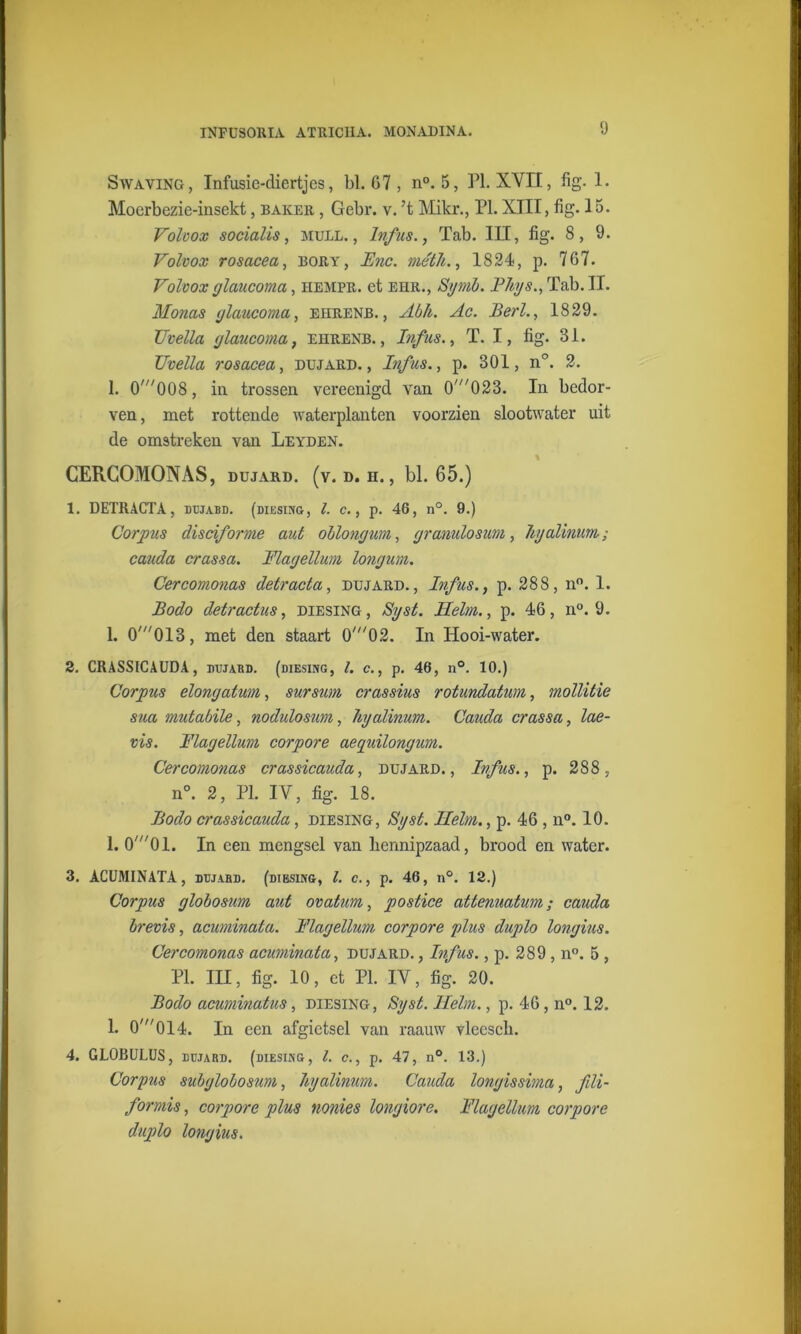 Swaving, Infusie-cliertjes, bl. G7 , n°. 5, PI. XVII, iig. 1. Mocrbezie-insekt, baker , Gebr. v. ’t Mikr., PI. XIII, fig. 15. Voloox sodalis, mull. , Infus., Tab. III, fig. 8, 9. Volvox rosacea, bory, Ene. méth., 1824, p. 767. Volvox (jlaucoma, hempr. et ehr., Symb. Ehys., Tab. II. Monas glaucoma, ehrenb. , Abh. Ac. Berl., 1829. Uvella glaucoma, ehrenb., Infus., T. I, fig. 31. TJvella rosacea, dujard. , Infus., p. 301, n°. 2. 1. 0'008, in trossen vereenigd van 0'023. In bedor- ven, met rottende waterplanten voorzien slootwater uit de omstreken van Leyden. CERCOMONAS, dujard. (v. d. ii. , bl. 65.) 1. DETRACTA, dujabd. (diesing, l. c., p. 46, n°. 9.) Corpus disdforme aut oblongum, granulosuni, Tiyalinim; cauda crassa. Flagellmi longum. Cercomonas detracta, dujard., Infus., p. 288, n°. 1. Bodo detractus, diesing , Syst. Helm., p. 46, n°. 9. 1. 0'013, met den staart 0'//02. In Hooi-water. 2. CRASSICAUDA, dtjjakd. (diesing, l. c., p. 46, n°. 10.) Corpus elongatwn, sursum crassius rotundatum, mollitie sua mutabile, nodulosum, hyalinum. Cauda crassa, lae- vis. Elagellum, corpore aequilongum. Cercomonas crassicauda, dujard., Infus., p. 288, n°. 2, PI. IV, fig. 18. Bodo crassicauda, diesing, Syst. Helm., p. 46 , n°. 10. 1. 0;//01. In een mengsel van licnnipzaad, brood en water. 3. ACUMINATA, dujabd. (dibsing, l. c., p. 46, n°. 12.) Corpus globosum aut ovatum, postice attenuatum; cauda brevis, acuminata. Elagellum corpore plus duplo longius. Cercomonas acuminata, dujard. , Infus., p. 289 , n°. 5 , PI. III, fig. 10, et PI. IV, fig. 20. Bodo acuminatus, diesing, Syst. Helm., p. 46, n°. 12. 1. 0'014. In een afgietsel van raauw vleescb. 4. GLOBULUS, dujard. (diesing, l. c., p. 47, n°. 13.) Corpus subglobosum, hyalinum. Cauda longissima, fili- formis, corpore plus nonies longiore. Elagellum corpore duplo longius.