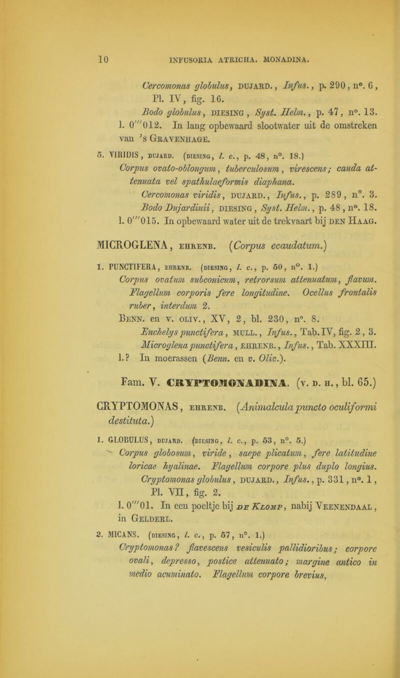 Cercomonas globulus, dujard., Infus., p. 290, n°. G, PI. IV, fig. 16. Bodo globulus, diesing , Sgst. Helm., p. 47, n°. 13. 1. 0'012. In lang opbewaard slootwater uit de omstreken van ’s Gravenhage. 5. YIRIDIS, dujard. (diesing, l. c., p. 48, n°. 18.) Corpus ovato-oblongum, luierculosum , virescens; cauda at- tenuata vel spathulaeformis diaphana. Cercomonas viridis, dujard., Infus., p. 289, n°. 3. Bodo Dujardinii, diesing , Sgst. Helm., p. 48 , n°. 18. 1. 0'015. In opbewaard water uit de trekvaart bij den Haag. MICROGLENA, ehrenb. (Corpus ecaudatum.) 1. PUNCTIFERA, ehrenb. (diesing, l. c., p. 50, n°. 1.) Corpus ovatum subconicum, retrorsum attenuatum, jlavum. Flagellum corporis fere longitudine. Ocellus frontalis ruber, interdum 2. Benn. en v. oliv. , XV, 2, bl. 230, n°. 8. Bnchelgs punctifera, mull. , Infus., Tab. IV, fig. 2, 3. Microglenapunctifera, ehrenb. , Infus., Tab. XXXIH. 1.? In moerassen (Benn. en v. Oliv.). Fam. V. CRI PTOll«XAIIOGI. (v. d. h. , bl. 65.) CRYPTOMONAS, ehrenb. (Animalculapuncto oculiformi destituta.) 1. GLOBULUS, dujard. (diesing, l. c., p. 53, n°. 5.) ■ Corpus globosum, viride, saepe plicatum, fere latiludine loricae hyalinae. Flagellum corpore plus duplo longius. Cryptomonas globulus, dujard. , Infus., p. 331, n°. 1, PI. vn, fig. 2. 1. 0'01. In een poeltje bij de Klomp, nabij Veenendaal , in Gelderl. 2. MICANS. (diesing, l. c., p. 57, n°. 1.) Cryptomonas? flavescens vesiculis pallidioribus; corpore ovali, depresso, postice attenuato; margine antico in medio acuminato. Flagellum corpore brevius,