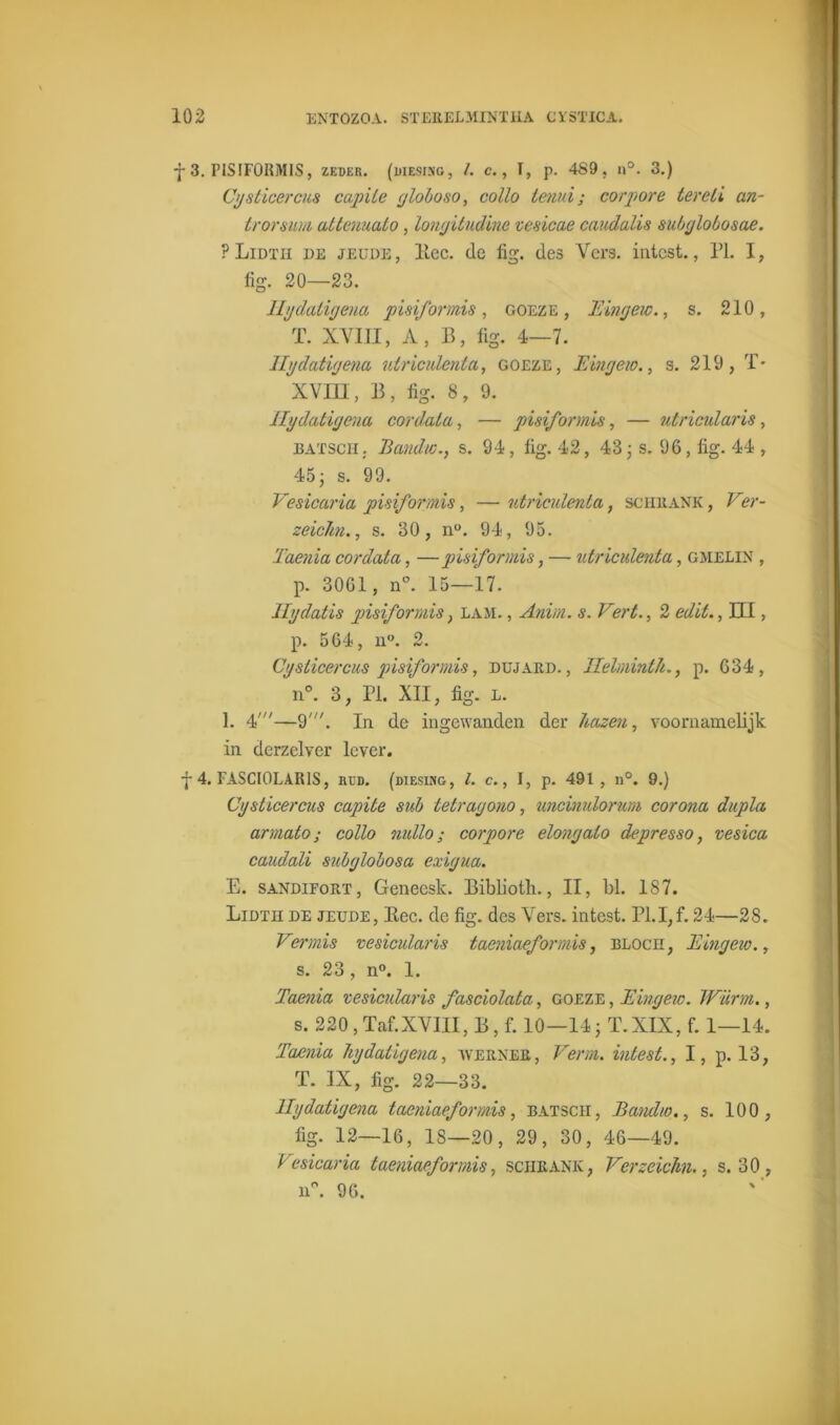 ■f 3. PISIFORMIS, zeder. (uiEsnic, l. c., I, p. 489. u°. 3.) Cgsticercus capile globoso, collo tenui; corpore tereli an- trorsui/i uttemato, longitudine vesicae caudalis subglobosae. ? Lidtii i>e jeude, llec. de lig. des Vers. intest., PI. I, lig. 20—23. Hgdatigena pisiformis, goeze , Eingew., s. 210, T. XVIII, A, B, lig. 4—7. Hgdatigena utriculenta, goeze, Eingew., s. 219, T- XVIII, B, lig. 8, 9. Hgdatigena cordata, — pisiformis, — utricularis, batsch . Bandw., s. 94, lig. 42, 43 s. 96, lig. 44 , 45; s. 99. Vesicaria pisiformis, — utricidenla, schbank , Ver- zeichn., s. 30, n°. 94, 95. ï'aenia cordata, —pisiformis, — utriculenta, GMELIN , p. 30G1, n°. 15—17. Ilgdatis pisiformis, lam. , Anim. s. Vert., 2 edit., III, p. 564, n°. 2. Cgsticercus pisiformis, dujard. , Ilelminth., p. 634, n°. 3, PI. XII, Ég. l. 1. 4'—9'. In de ingewanden der hazen, voornamelijk in derzelver lever. j 4. FASCI0LAR1S, rdd. (diesing, l. c., I, p. 491, n°. 9.) Cgsticercus capile sub telragono, uncimdorum corona dupla armaio; collo mdlo; corpore elongato depresso, vesica caudali subglobosa exigua. E. SANDiFORT, Geneest. Bibliotli., II, bl. 187. Lidtii de jeude, Eec. de lig. des Vers. intest. Pl.I,f. 24—28. Vermis vesicularis taeniaeformis, blocii, Eingew., s. 23 , n°. 1. Taenia vesicularis fasciolata, goeze , Eingew. Wurm., s. 220, Taf.XVIII, B, f. 10—14; T. XIX, f. 1—14. Taenia hgdatigena, ivernee, Verin, intest., I, p. 13, T. IX, Hg. 22—33. Hgdatigena taeniaeformis, batsch, Bandw., s. 100, lig. 12—16, 18—20, 29, 30, 46—49. Vesicaria taeniaeformis, schrank, Verzeichns. 30 , n°. 96.