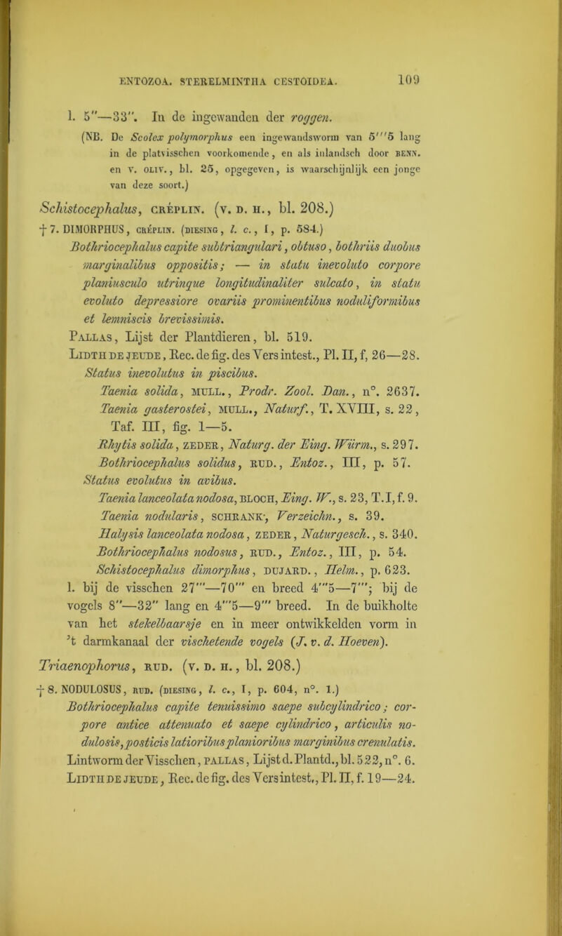 1. 5—33. In de ingewanden der roggen. (NB. De Scolox polymorphus een ingewandsworm van 5'5 lang in de platvisschen voorkomende, en als inlandsch door benn. en V. OLiv., bl. 25, opgegeven, is waarschijnlijk een jonge van deze soort.) Schistocephalus, créplin. (v. d. h., bl. 208.) •j- 7. DIMORPHUS, cuÉPLiN. (diesinc, l. c., I, p. 584.) Bothriocephalus capite sübtriangulari, obtuso, bothriis duobus marginalibus oppositis; — in stutu inevoluto corpore planiusculo utringue longitudinaliter sulcato, i?i statu evoluto depressiore ovariis prominentibus noduliformibus et lemniscis brevissimis. Pallas, Lijst der Plantdieren, bl. 519. Lidth de jeude , Eec. defig. des Yers intest., PI. II, f, 26—28. Status inevolutus in piscibus. Taenia solida, muil., Prodr. Zool. Dan., n°. 2637. Taenia gasterostei, muil., Naturf., T. XVIII, s. 22, Taf. III, fig. 1—5. Rkytis solida, zeder, Naturg. der Ping. Wïirrn., s. 297. Bothriocephalus solidus, ituD., Bntoz., III, p. 57. Status evolutus in avibus. Taenialanceolatanodosa, bloch, Ping. IV., s. 23, T.I, f. 9. Taenia nodularis, schrank-, Verzeichn., s. 39. Halgsis lanceolata nodosa, zeder , Naturgesch., s. 340. Bothriocephalus nodosus, rud., Bntoz., III, p. 54. Schistocephalus dimorphus, dujard. , Helm., p. 623. 1. bij de visschen 27'”—70' en breed 4’5—T; bij de vogels 8—32 lang en 4'5—9' breed. In de buikholte van het stekelbaarsje en in meer ontwikkelden vorm in ’t darmkanaal der vischetende vogels (-7. v. d. Hoeven). Triaenophorus, rud. (v. d. h. , bl. 208.) -j- 8. NODULOSUS, nu», (diesing, l. c., I, p. 604, n°. 1.) Bothriocephalus capite tenuissimo saepe subcylindrico; cor- pore antice attenuato et saepe cylindrico, articrdis no- dulosis,posticis latiorïbusplanioribus marginibus crenulatis. Lintworm der Visschen, pallas , Lijst d. Plantd., bl. 5 22, n°. 6. Lidtii de jeude , Kee. de fig. des Vers intest,, PI. U, f. 19—24.