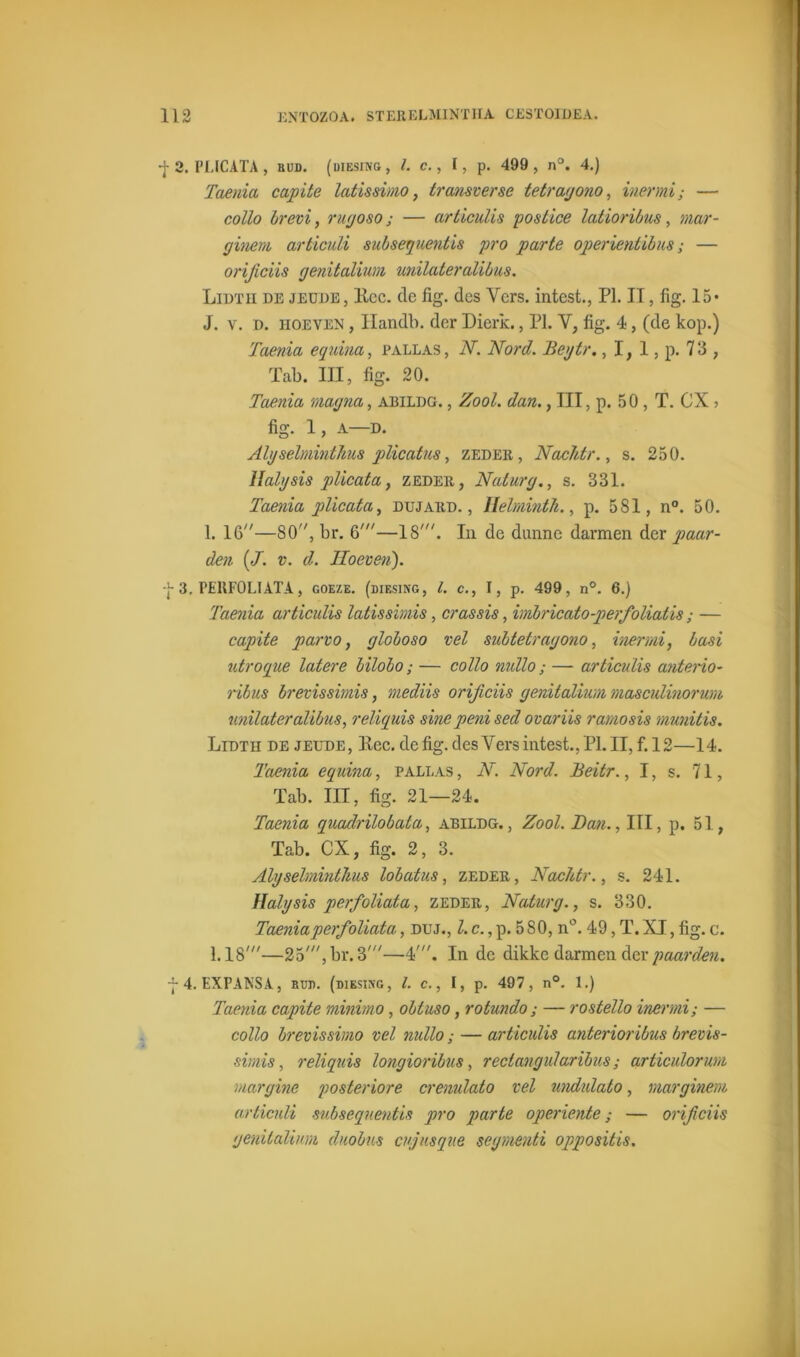 •J-2. PLICATA, hud. (uiesing, /. c., l, p. 499, n°. 4.) Taenia capite latissimo, transverse tetrayono, inermi; — collo brevi, rugoso; — articulis postice latioribus, mar- rjinem articuli subsequentis pro parte operientibus; — orijiciis genitalium unilateralibus. Lidth de jedde , Ree. cle fig. des Vers. intest., PI. II, fig. 15* J. v. d. hoeven , Ilandb. der Dierk., PI. V, fig. 4, (de kop.) Taenia equina, pallas , N. Nord. Begtr., 1, 1, p. 7 3 , Tab. III, fig. 20. Taenia magna, ABILDG. , Zool. dan., III, p. 50 , T. CX j fig. 1, a—D. Algselminthus plicatus, zeder , Nachtr., s. 250. Halgsis plicata, zeder, Naturg., s. 331. Taenia plicata, dujard. , Ilelminth., p. 581, n°. 50. 1. 16—80, br. 6'—18'. In de dunne darmen dex paar- den {J. v. d. Hoeven'). -j- 3. PEUF0L1ATA, goeze. (diesing, l. c., I, p. 499, n°. 6.) Taenia articulis latissimis, crassis, imbricato-perfoliatis ; — capite parvo, globoso vel subtetragono, inermi, basi utroque latere bilobo; — collo mdlo ; —- articulis anterio- ribus brevissimis, mediis orijiciis genitalium masculinorum unilateralibus, reliquis sinepenised ovariis ramosis munitis. Lidth de jeude, Ree. de fig. des Vers intest., PI. II, f. 12—14. Taenia equina, pallas , N. Nord. Beitr., I, s. 71, Tab. III, fig. 21—24. Taenia quadrilobata, abildg., Zool. Dan., III, p. 51, Tab. CX, fig. 2, 3. Algselminthus lobatus, zeder, Nachtr., s. 241. Halgsis perfoliata, zeder, Naturg., s. 330. Taeniaperfoliata, duj., I. c., p. 5 80, n°. 49, T. XI, fig. c. 1.18'—25',br.3'—4'. In de dikke darmen der paarden. -{• 4. EXPANSA, rtjji. (diesing, l. c., I, p. 497, n°. 1.) Taenia capite minimo, obtuso, rotundo ; — rostello inermi; — collo brevissimo vel nullo; — articulis anterioribus brevis- simis , reliquis longioribus, rectangularibus; articulorum margine posteriore cremdato vel undulato, rnarginem articuli subsequentis pro parte operiente; — orijiciis genitalium duobus cujusque segmenti oppositis.