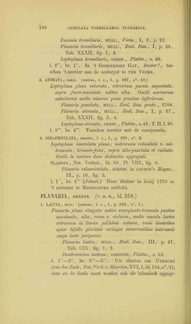 Fasdola iremellaris, mull. , Verm., I, 2, p. 72. Planaria Iremellaris, mull., Zool. Pan., I, p. 36, Tab. XXXII, fig. 1, 2. Leptoplana Iremellaris, oerst. , Plattio., s. 49. 1. 2, br. 1. In ’t Goereesche Gat, Baster?; tus- sclien ’t zeewier aan de oesterput te ter Veere. 2. ATOMATA, oerst. (diesing, l. c., I, p. 197, n°. 10.) Leptoplana plana subovata , retrorsum parum angustata, supra fusco-maculata subtus alba. Ocelli acervorum anteriorum multo minores quam proxime inferiorum. Planaria punctata, mull., Zool. Pan.prodr., 2706. Planaria atomata, mull., Zool. Pan., I, p. 37,. Tab. XXXII, fig. 3, 4. Leptoplana atomata, oerst. , Plattic., s. 49 , T. II, f. 20. 1. 8”', br. 4'. Tusschen zeewier met de voorgaande. 3. SUB AUBICULATA, diesing, /. c., I, p. 195, n°. 5. Leptoplana lanceolata plana; antrorsum rotundata v. sub- truncata, brunneo-Jtava, supra albo-punctata et radiata. Ocelli in acervos duos distinctos agjregati. Slabber, Nat. Verlust., bl. 68, PI. VIII, fig. 6. Planaria subauriculala, joiinst. in loudon’s Ma/jaz., IX, p. 16, fig. 2. 1. 1, br. 4' {Johnst.) Door Slabber in Junij 1768 in ’t zeewater te Middelburg ontdekt. PLANARIA, ehrenb. (v. d. h., bl. 253.) 1. LACTEA, MiLL. (diesing, l. c., I, p. 203, n°. 1.) Planaria plana elongata antice emarginato-truncata postice acuminata, alba, rosea v. violacea, medio macula lactea retrorsum in lineam pallidam extensa, vasis linearibus apice bifidis plurimis utrinque excurrentibus interaneis saepe laete purpureis. Planaria lactea, MULL., Zool. Pan., III, p. 47, Tab. CIX, fig. 1, 2. Pendrocoelum lacteum, oersted, Plattw., s. 52. 1. 1—2, br. 2'—3'. Uit slooten om Utrecht {van den Brute, Nat. Verlt. v. Haarlem, XVI, 1, bl. 134,n°. 3); deze en de derde soort worden ook als inlandsch opgege-