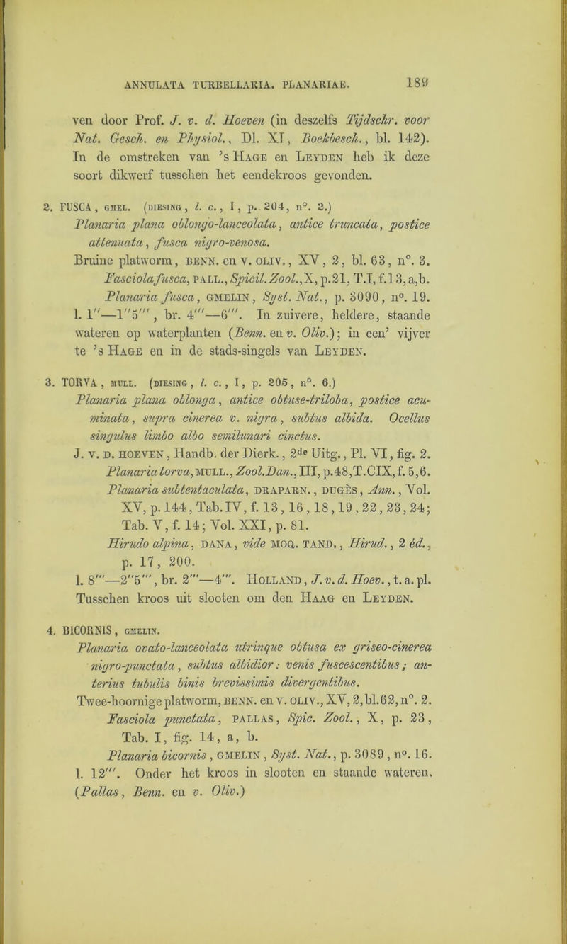 ven door Prof. J. v. d. Hoeven (in deszelfs Tijdschr. voor Nat. GescJi. en Physiol., Dl. XT, Boekbesch., bl. 142). In de omstreken van ;s Hage en Leyden heb ik deze soort dikwerf tusschen liet eendekroos gevonden. 2. FUSCA, Gin el. (diesing , l. c., I, p..204, n°. 2.) Planaria plana oblong o-lanceolata, antice truncata, postice attenuata, fusca nigro-venosa. Bruine platworm, benn. en v. oliv. , XY, 2, bl. 63, n°. 3. Fasciolafusca, pall., Spicil. Zool.fL, p.21, T.I, f.13, a,b. Planaria fusca, gmelin , Sgst. Nat., p. 3090, n°. 19. 1. 1—15' , br. 4'—6'. In zuivere, heldere, staande wateren op waterplanten {Benn. en v. Oliv.); in een’ vijver te ’s Hage en in de stads-singels van Leyden. 3. TORVA , mull. (diesing , l. c., I, p. 205, n°. 6.) Planaria plana oblonga, antice obtuse-triloba, postice acu- minata, supra cinerea v. nigra, subtus albida. Ocellus singulus limbo albo semilunari cinctus. J. v. d. hoeven , Handb. der Dierk., 2dc Uitg., PI. VI, fig. 2. Planariatorva,m]~Lh., Zool.Ban., III, p.48,T.CIX, f. 5,6. Planaria subtentaculata, draparn. , dugès, Ann., Vol. XV, p. 144, Tab. IV, f. 13,16,18,19,22,23,24; Tab. V,f. 14; Vol. XXI, p. 81. Hirudo alpina, dana, vide moq. tand. , Hirud., 2 cd., p. 17, 200. 1. 8'—25’, br. 2'—4’. Holland , J. v. d. Hoev., t. a. pl. Tusschen kroos uit slooten om den Haag en Leyden. 4. B1C0RNIS , GMELIN. Planaria ovato-lanceolata utrinque obtusa ex griseo-cinerea nigro-punctata, subtus albidior: venis fuscescentibus ; an- terius tubulis binis brevissimis divergentibus. Twce-hoornige platworm, BENN. en v. oliv., XV, 2,bl.62,n°. 2. Fasciola punctata, pallas, Spie. Zool., X, p. 23, Tab. I, fig. 14, a, b. Planaria bicornis, gmelin , Sgst. Nat., p. 3089 , n°. 16. 1. 12'. Onder het kroos in slooten en staande wateren, {Ballas, Benn. en v. Oliv.)