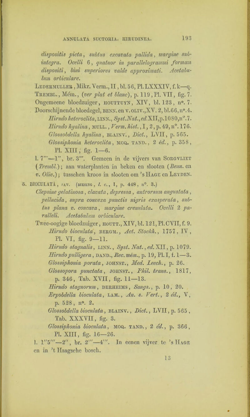 dispositis picta, subtus excavata pallïdu, margine sub- integra. Ocelli 6, quatuor in parallelogrammi formarn dispositi, bini superiores volde approximati. Acetabu- lum orbicidare. Ledermuller , Mikr. Verm., II, bl. 56, PI.LXXXIV, f. k—q. Trembl. , Mém., {ver plat et blanc), p. 119 ,PI. VII, fig. 7. Ongemeene bloedzuiger, houttuyn, XIY, bl. 123, n°. 7. Doorschijnende bloedegel, benn. en v.oliv.,XV. 2, bl.66,n°.4. Hirudo heter oclita, linn., Syst.Nat., ed. X IT,p. 10 S0,n°. 7. Hirudo hgalina, mull. , Ferm.kist., 1,2, p. 49, n°. 176. Glossobdellu hg alma, blainv. , Biet., LYIT, p. 565. Glos sip honia heter oclita, moq. tand., 2 éd., p. 358, PI. XIII, fig. 1—6. 1. 7'—1”, br. 3'. Gemeen in de vijvers van Sokgvliet (Trembl.); aan waterplanten in beken en slooten (Beun. en v. Oliv.); tusschen kroos in slooten om 5s Hage en Leyden. 5. BIOCULATA, ,'av. (diesisg , l. c., I, p. 448, n°. 3.) Clepsine gelalinosa, clavata, depressa, antrorsiim angustata, pellucida, supra convexa punclis nigris exasperata, sub- tus plano v. concava, margine crenulata. Ocelli 2 pa- ralleli. Acetabidum orbiculare. Twee-oogige bloedzuiger, houtt., XIY, bl. 121, PI. CYII, f. 9. Hirudo biocidata, bergm. , Act. Stockh., 1757, IV, PI. VI, fig. 9—11. Hirudo stagnalis, linn., Sgsl. Nat., ed. XIT, p. 1079. Hirudopulligera, dand., Ree. mém., p. 19, PI. I, f. 1—3. Glossiphonia por at a, johnst., Med. Leech., p. 26. Glossopora punctata, johnst., BI dl. trans., 1817, p. 346, Tab. XVII, fig. 11—13. Hirudo stagnorum, derheims , Sangs., p. 10, 20. Erpobdella biocidata, lam., An. s. Fert., 2 éd., V, p. 528 , n°. 2. Glossobdella bioculata, blainv. , Biet., LVII, p. 565 , Tab. XXXVII, fig. 3. Glossiphonia biocidata, Moa. tand., 2 éd., p. 366, PI. XIII, fig. 16—26. ). V'a'—2, br. 2!—4'. In eenon vijver te ’s Hage cn in 7t Haagsehe bosch. 13