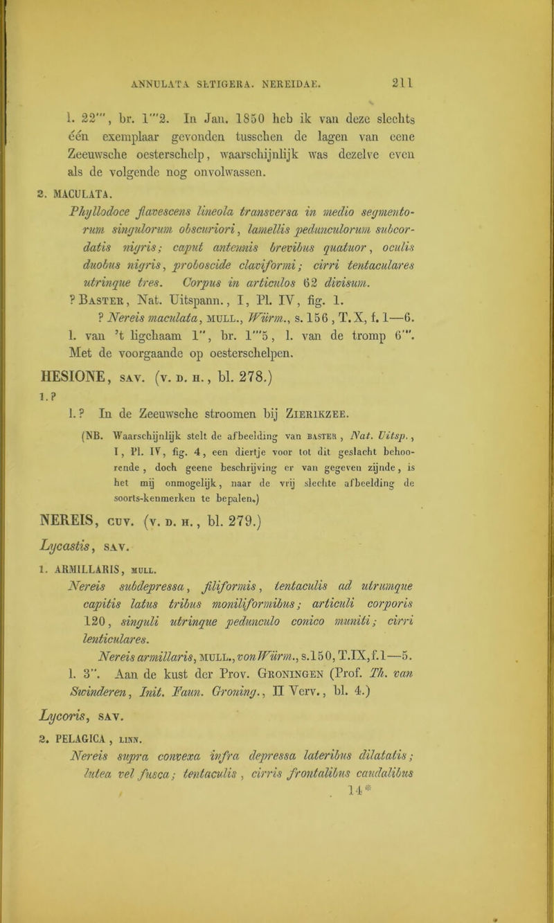 1. 22', br. 1'2. In Jan. 1850 heb ik van deze slechts één exemplaar gevonden tusschen de lagen van eene Zeeuwsche oesterschelp, waarschijnlijk was dezelve even als de volgende nog onvolwassen. 2. MACULATA. Phyllodoce Jlavescens lineola transversa in medio segmento- runi singulorum obscuriori, lamellis pedunculorum subcor- datis nigris; caput antcunis brevibus quatuor, oculis duobns nigris, proboscide claviformi; cirri tentaculares utrinqne tres. Corpus in articulos 62 divisum. ? Baster, Nat. Uitspann., I, PI. IV, fig. 1. ? Nereis maculata, mull., Wurm., s. 156 , T. X, f. 1—6. 1. van ’t ligchaam 1, br. 1'5, 1. van de tromp 6'. Met de voorgaande op oesterschelpen. HESIONE, sav. (v. d. h., bl. 278.) ï.p 1. ? In de Zeeuwsche stroomen bij Zierikzee. (NB. Waarschijnlijk stelt de afbeelding van baster , Nat. Uitsjp., I, PI. IV, fig. 4, een diertje voor tot dit geslacht behoo- rcnde , doch geene beschrijving er van gegeven zijnde, is het mij ónmogelijk, naar de vrij slechte afbeelding de soorts-kenmerken te bepalen.) NEREIS, cuv. (v. d. h. , bl. 279.) Lycastis, sav. 1. ARMILLARIS, mull. Nereis subdepressa, Jiliformis, tentaculis ad utrumque capitis latus tribus monïlvformibus; articuli corporis 120, singuli utrinque pedunculo conico muniti; cirri lenticulares. Nereisarmillaris, mull., von Wiirrn., s.150, T.IX,f.l—5. 1. 3”. Aan de kust der Prov. Groningen (Prof. Th. van Sicinderen, Init. Patin. Oroning., IlVerv., bl. 4.) Lycoris, sav. 2. PELAGICA , LiNN. Nereis siipra convexa ivf ra depressa lateribus dilatalis; hitea vel fusca; tentaculis , cirris frontalïbus candalibus 14*