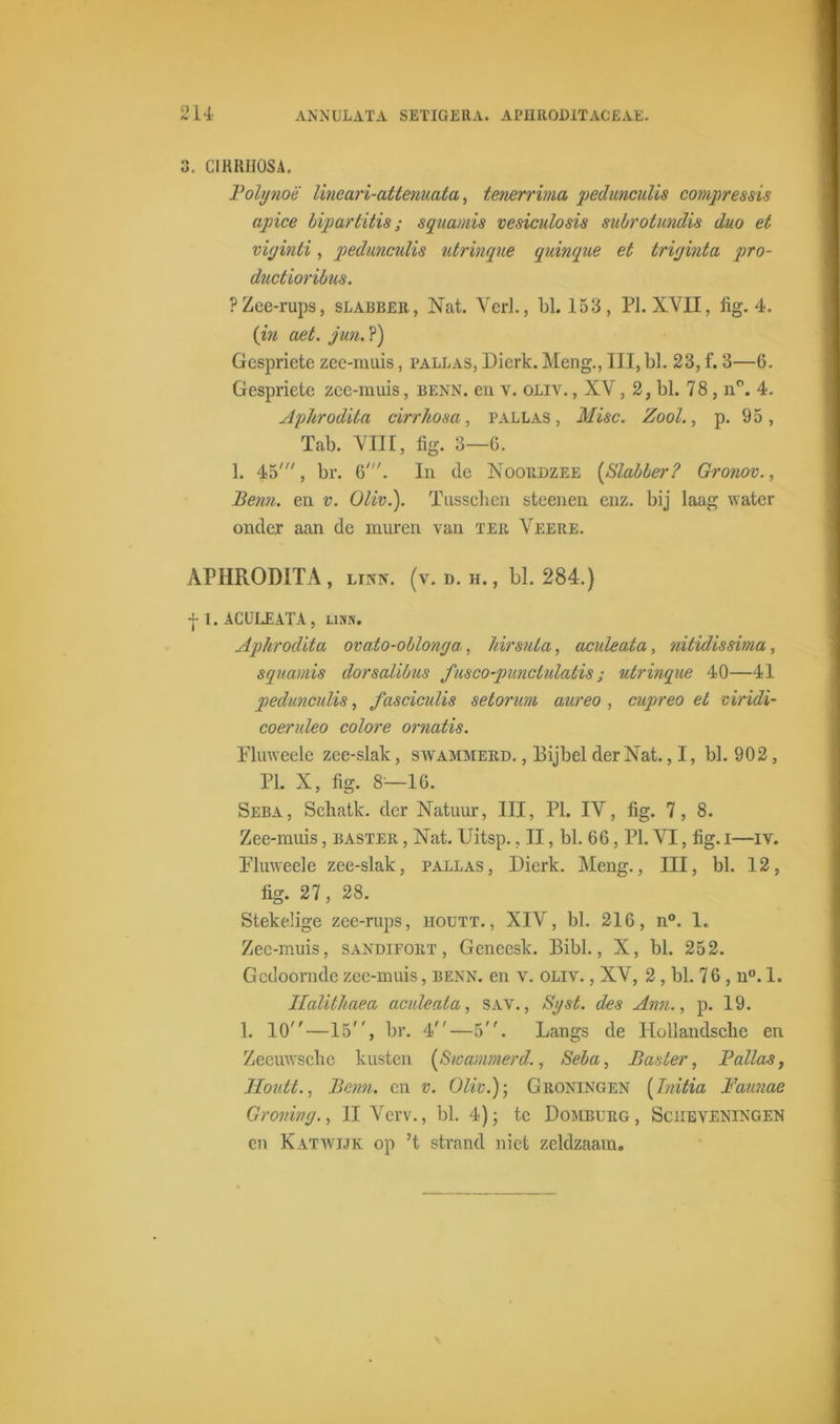 3. CIKRIJOSA. Bolynoë lineari-attenuala, tenerrima pedunculis compressis apice bipartitis; squamis vesiculosis subrotundis duo et viginti, pedunculis utrinque quinque et triginta pro- ductioribus. ?Zee-rups, slabber, Nat. Verl., bl. 153, PJ. XVII, fig. 4. (in aet. jun. ?) Gespriete zee-muis, ballas, Dierk. Meng., III, bl. 23, f. 3—6. Gespriete zee-muis, benn. en v. oliv. , XV, 2, bl. 78 , n°. 4. ApJirodita cirr/tosa, pallas , Misc. Zool., p. 95, Tab. VIII, fig. 3—6. 1. 45', br. 6'. In de Noordzee (Slabber? Gronov., Benn. en v. Oliv.). Tusschen steenen enz. bij laag water onder aan de muren van ter Veere. APIiRODITA , liiw. (v. d. h. , bl. 284.) -j- 1. ACULEATA, lisn. Aphrodita ovato-oblonga, hirsuta, aculeata, nitidissima, squamis dorsalibus fusco-punctulatis; utrinque 40—41 pedunculis, fasciculis setorum aureo , cupreo et viridi- coeruleo colore ornatis. Pluweele zee-slak, swammerd. , Bijbel der Nat. ,1, bl. 902, PI. X, fig. 8—1G. Seba, Schatk. der Natuur, III, PI. IV, fig. 7, 8. Zee-muis, baster , Nat. Uitsp., II, bl. 66, PI. VI, fig. i—iv. Pluweele zee-slak, pallas, Dierk. Meng., III, bl. 12, fig. 27, 28. Stekelige zee-rups, houtt. , XIV, bl. 216, n°. 1. Zee-muis, sandifort , Geneesk. Bibl., X, bl. 252. Gedoomde zee-muis, benn. en v. oliv. , XV, 2, bl. 76 , n°. 1. IIcditlt.aea aculeata, sav. , Syst. des Ann., p. 19. 1. 10—15, br. 4—5. Langs de Hollandsclie en Zecuwscbc kusten [Swammerd., Seba, Baster, Ballas, Houtt., Benn. en v. Oliv.)-, Groningen (Imtia Faunae Gronivg., II Vcrv., bl. 4); te Domburg, Sciieveningen en Katwijk op ’t strand niet zeldzaam.