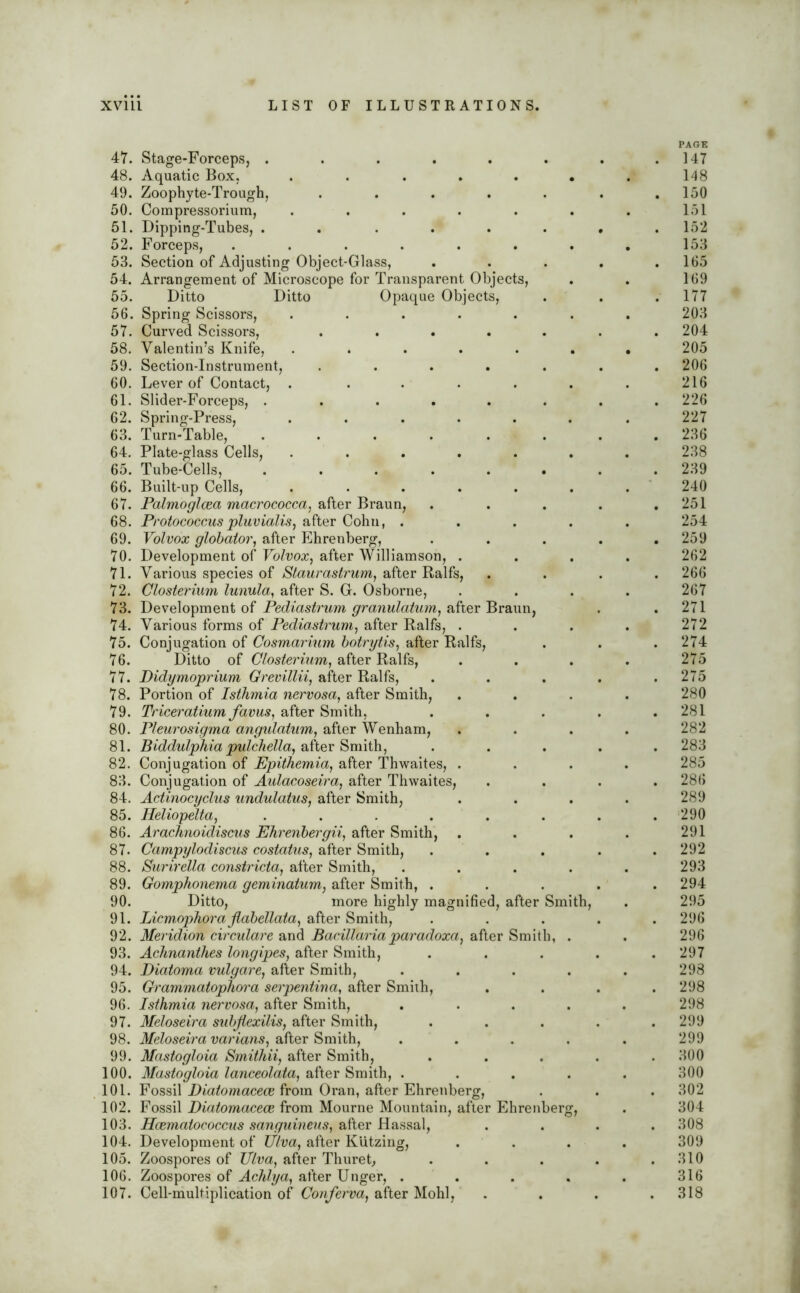 47. Stage-Forceps, ...... 48. Aquatic Box. ...... 49. Zoophyte-Trough, ..... 50. Compressorium, ...... 51. Dipping-Tubes, ...... 52. Forceps, ....... 53. Section of Adjusting Object-Glass, 54. Arrangement of Microscope for Transparent Objects, 55. Ditto Ditto Opaque Objects, 56. Spring Scissors, ...... 57. Curved Scissors, ..... 58. Valentin’s Knife, ...... 59. Section-Instrument, ..... 60. Lever of Contact, . ..... 61. Slider-Forceps, ...... 62. Spring-Press, ...... 63. Turn-Table, . . . . . 64. Plate-glass Cells, ...... 65. Tube-Cells, ...... 66. Built-up Cells, ...... 67. Palmoglcea macrococca, after Braun, 68. Protococcuspluvialis, after Cohn, .... 69. Volvox globalor, after Ehrenberg, 70. Development of Volvox, after Williamson, . 71. Various species of Staurastrum, after Ralfs, 72. Closterium lunula, after S. G. Osborne, 73. Development of Pediastrum granulatum, after Braun, 74. Various forms of Pediastrum, after Ralfs, . 75. Conjugation of Cosmarium botrytis, after Ralfs, 76. Ditto of Closterium, after Ralfs, 77. Didymoprium Grevillii, after Ralfs, 78. Portion of Isthmia nervosa, after Smith, 79. Triceratium favus, after Smith, 80. Pleurosigma angulatum, after Wenham, 81. Biddulphia pulchella, after Smith, 82. Conjugation of Epithemia, after Thwaites, . 83. Conjugation of Aulacoseira, after Thwaites, 84. Actinocyclus undulatus, after Smith, 85. Heliopelta, ...... 86. Arachnoidiscus Ehrenbergii, after Smith, 87. Campylodiscus costatus, after Smith, 88. Surirella constricta, after Smith, .... 89. Gomphonema geminatum, after Smith, . 90. Ditto, more highly magnified, after Smith, 91. Licmophora flabellata, after Smith, 92. Meridion circulare and Bacillariaparadoxa, after Smith, . 93. Achnanthes longipes, after Smith, 94. Diatoma vulgare, after Smith, .... 95. Grammatophora serpentina, after Smith, 96. Isthmia nervosa, after Smith, .... 97. Meloseira subfexilis, after Smith, 98. Meloseira varians, after Smith, .... 99. Mastogloia Smithii, after Smith, 100. Mastogloia lanceolata, after Smith, .... 101. Fossil Diatomacece from Oran, after Ehrenberg, 102. Fossil Diatomacece from Mourne Mountain, after Ehrenberg, 103. Hcematococcus sanguineus, after Hassal, 104. Development of Ulva, after Kutzing, . 105. Zoospores of Ulva, after Thuret, 106. Zoospores of Achlya, after Unger, .... 107. Cell-multiplication of Conferva, after Mohl, PAGE 147 148 150 151 152 153 165 169 177 203 204 205 206 216 226 227 236 238 239 240 251 254 259 262 266 267 271 272 274 275 275 280 281 282 283 285 286 289 290 291 292 293 294 295 296 296 297 298 298 298 299 299 300 300 302 304 308 309 310 316 318