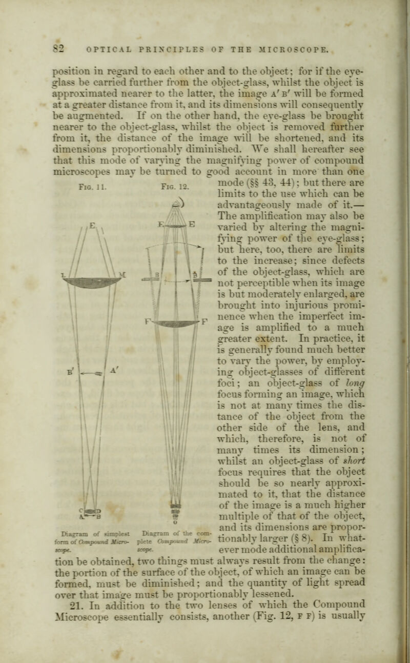 position in regard to each other and to the object; for if the eye- glass be carried farther from the object-glass, whilst the object is approximated nearer to the latter, the image a' b' will be formed at a greater distance from it, and its dimensions will consequently be augmented. If on the other hand, the eye-glass be brought nearer to the object-glass, whilst the object is removed further from it, the distance of the image will be shortened, and its dimensions proportionably diminished. We shall hereafter see that this mode of varying the magnifying power of compound microscopes may be turned to good account in more than one mode (§§ 43, 44); but there are limits to the use which can be advantageously made of it.— The amplification may also be varied by altering the magni- fying power of the eye-glass; but here, too, there are limits to the increase; since defects of the object-glass, which are not perceptible when its image is but moderately enlarged, are brought into injurious promi- nence when the imperfect im- age is amplified to a much greater extent. In practice, it is generally found much better to vary the power, by employ- ing object-glasses of different foci; an object-glass of long focus forming an image, which is not at many times the dis- tance of the object from the other side of the lens, and which, therefore, is not of many times its dimension; whilst an object-glass of short focus requires that the object should be so nearly approxi- mated to it, that the distance of the image is a much higher multiple of that of the object, and its dimensions are propor- DiasTam of samp Jest inairram 01 me com- . 1 1 /o o\ a. form of Compound Micro- plete Compound Micro- tlOnably larger (§ 8). In wliat- *copt. ' scope. ever mode additional amplifier tion be obtained, two things must always result from the change: the portion of the surface of the object, of which an image can be formed, must be diminished; and the quantity of light spread over that image must be proportionably lessened. 21. In addition to the two lenses of which the Compound Microscope essentially consists, another (Fig. 12, F f) is usually