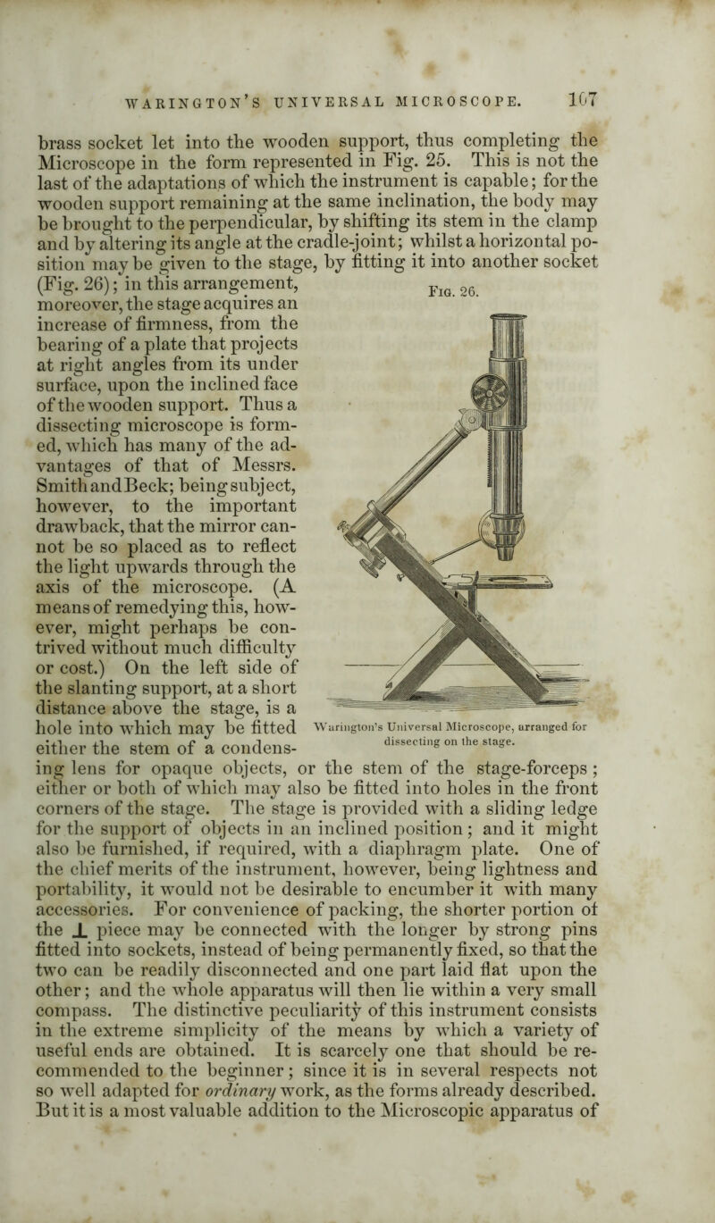 brass socket let into the wooden support, thus completing the Microscope in the form represented in Fig. 25. This is not the last of the adaptations of which the instrument is capable; for the wooden support remaining at the same inclination, the body may be brought to the perpendicular, by shifting its stem in the clamp and by altering its angle at the cradle-joint; whilst a horizontal po- sition may be given to the stage, by fitting it into another socket (Fig. 26); in this arrangement, moreover, the stage acquires an increase of firmness, from the bearing of a plate that projects at right angles from its under surface, upon the inclined face of the wooden support. Thus a dissecting microscope is form- ed, which has many of the ad- vantages of that of Messrs. however, to the important drawback, that the mirror can- not be so placed as to reflect the light upwards through the axis of the microscope. (A means of remedying this, how- ever, might perhaps be con- trived without much difficulty or cost.) On the left side of the slanting support, at a short distance above the stage, is a hole into which may be fitted Wariugton’s Universal Microscope, arranged for either the stem of a condens- dissecting on the stage* ing lens for opaque objects, or the stem of the stage-forceps ; either or both of which may also be fitted into holes in the front corners of the stage. The stage is provided with a sliding ledge for the support of objects in an inclined position; and it might also be furnished, if required, with a diaphragm plate. One of the chief merits of the instrument, however, being lightness and portability, it would not be desirable to encumber it with many accessories. For convenience of packing, the shorter portion ot the _L piece may be connected with the longer by strong pins fitted into sockets, instead of being permanently fixed, so that the two can be readily disconnected and one part laid flat upon the other; and the whole apparatus will then lie within a very small compass. The distinctive peculiarity of this instrument consists in the extreme simplicity of the means by which a variety of useful ends are obtained. It is scarcely one that should be re- commended to the beginner; since it is in several respects not so well adapted for ordinary work, as the forms already described. But it is a most valuable addition to the Microscopic apparatus of Fig. 26.