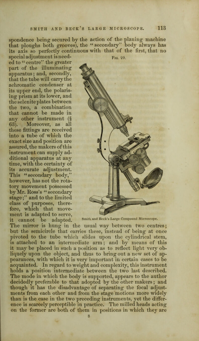 spondence being secured by the action of the planing machine that ploughs both grooves), the “ secondary” body always has its axis so perfectly continuous with that of the first, that no special adjustment is need- ed to “ centre” the greater part of the illuminating apparatus; and, secondly, that the tube will carry the achromatic condenser at its upper end, the polaris- ing prism at its lower, and the selenite plates between the two, a combination that cannot be made in any other instrument (§ 63). Moreover, as all these fittings are received into a tube of which the exact size and position are assured, the makers of this instrument can supply ad- ditional apparatus at any time, with the certainty of its accurate adjustment. This “ secondary body,” however, has not the rota- tory movement possessed by Mr. Ross’s “ secondary stage;” and to the limited class of purposes, there- fore, which that move- ment is adapted to serve, it cannot be adapted. The mirror is hung in the usual way between two centres; but the semicircle that carries these, instead of being at once pivoted to the tube which slides upon the cylindrical stem, is attached to an intermediate arm; and by means of this it may be placed in such a position as to reflect light very ob- liquely upon the object, and thus to bring out a new set of ap- pearances, with which it is very important in certain cases to be acquainted. In regard to weight and complexity, this instrument holds a position intermediate between the two last described. The mode in which the body is supported, appears to the author decidedly preferable to that adopted by the other makers; and though it has the disadvantage of separating the focal adjust- ments from each other and from the stage motions more widely than is the case in the two preceding instruments, yet the differ- ence is scarcely perceptible in practice. The milled heads acting on the former are both of them in positions in which they are 8