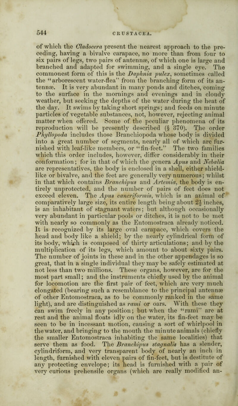 of which the Cladocera present the nearest approach to the pre- ceding, having a bivalve carapace, no more than from four to six pairs of legs, two pairs of antennae, of which one is large and branched and adapted for swimming, and a single eye. The commonest form of this is the Baphnia pulex, sometimes called the “arborescent water-flea” from the branching form of its an- tennae. It is very abundant in many ponds and ditches, coming to the surface in the mornings and evenings and in cloudy weather, but seeking the depths of the water during the heat of the day. It swims by taking short springs; and feeds on minute particles of vegetable substances, not, however, rejecting animal matter when offered. Some of the peculiar phenomena of its reproduction will be presently described (§ 370). The order Phyllopoda includes those Branchiopoda whose body is divided into a great number of segments, nearly all of which are fur- nished with leaf-like members, or “fin-feet.” The two families which this order includes, however, differ considerably in their conformation; for in that of which the genera Apus and Nebalia are representatives, the body is enclosed in a shell, either shield- like or bivalve, and the feet are generally very numerous; whilst in that which contains Branchipus and Artemia, the body is en- tirely unprotected, and the number of pairs of feet does not exceed eleven. The Apus cancriformis, which is an animal of comparatively large size, its entire length being about 2J inches, is an inhabitant of stagnant waters; but although occasionally very abundant in particular pools or ditches, it is not to be met with nearly so commonly as the Entomostraca already noticed. It is recognized by its large oval carapace, which covers the head and body like a shield; by the nearly cylindrical form of its body, whi^h is composed of thirty articulations; and by the multiplication of its legs, which amount to about sixty pairs. The number of joints in these and in the other appendages is so great, that in a single individual they may be safely estimated at not less than two millions. These organs, however, are for the most part small; and the instruments chiefly used by the animal for locomotion are the first pair of feet, which are very much elongated (bearing such a resemblance to the principal antennae of other Entomostraca, as to be commonly ranked in the same light), and are distinguished as rami or oars. With these they can swim freely in any position; but when the “rami” are at rest and the animal floats idly on the water, its fin-feet may be seen to be in incessant motion, causing a sort of whirlpool in the water, and bringing to the mouth the minute animals (chiefly the smaller Entomostraca inhabiting the same localities) that serve them as food. The Branchipus stagnalis has a slender, cylindriform, and very transparent body of nearly an inch in length, furnished with eleven pairs of fin-feet, but is destitute of any protecting envelope; its head is furnished with a pair of very curious prehensile organs (which are really modified an-