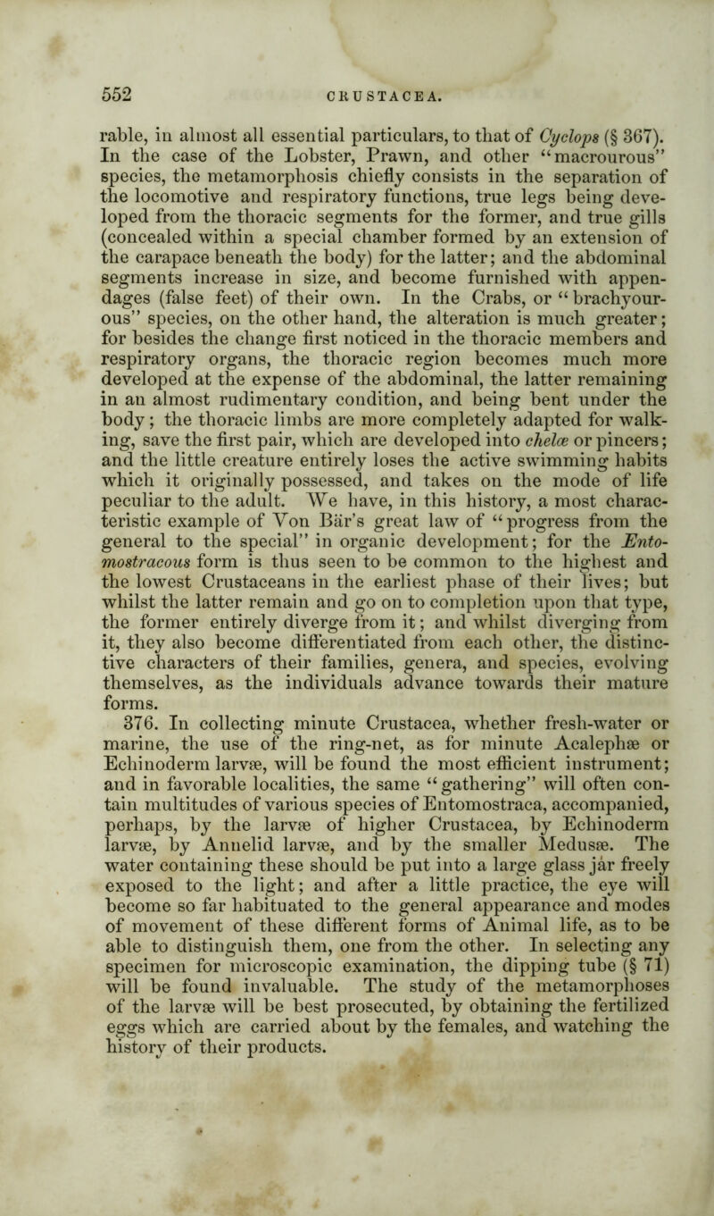 rable, in almost all essential particulars, to that of Cyclops (§ 367). In the case of the Lobster, Prawn, and other “macrourous” species, the metamorphosis chiefly consists in the separation of the locomotive and respiratory functions, true legs being deve- loped from the thoracic segments for the former, and true gills (concealed within a special chamber formed by an extension of the carapace beneath the body) for the latter; and the abdominal segments increase in size, and become furnished with appen- dages (false feet) of their own. In the Crabs, or “ brachyour- ous” species, on the other hand, the alteration is much greater; for besides the change first noticed in the thoracic members and respiratory organs, the thoracic region becomes much more developed at the expense of the abdominal, the latter remaining in an almost rudimentary condition, and being bent under the body; the thoracic limbs are more completely adapted for walk- ing, save the first pair, which are developed into chelce or pincers; and the little creature entirely loses the active swimming habits which it originally possessed, and takes on the mode of life peculiar to the adult. We have, in this history, a most charac- teristic example of Yon Bar’s great law of “ progress from the general to the special” in organic development; for the Ento- mostracous form is thus seen to be common to the highest and the lowest Crustaceans in the earliest phase of their lives; but whilst the latter remain and go on to completion upon that type, the former entirely diverge from it; and whilst diverging from it, they also become differentiated from each other, the distinc- tive characters of their families, genera, and species, evolving themselves, as the individuals advance towards their mature forms. 376. In collecting minute Crustacea, whether fresh-water or marine, the use of the ring-net, as for minute Acalephse or Echinoderm larvae, will be found the most efficient instrument; and in favorable localities, the same “ gathering” will often con- tain multitudes of various species of Entomostraca, accompanied, perhaps, by the larvae of higher Crustacea, by Echinoderm larvae, by Annelid larvae, and by the smaller Medusae. The water containing these should be put into a large glass jar freely exposed to the light; and after a little practice, the eye will become so far habituated to the general appearance and modes of movement of these different forms of Animal life, as to be able to distinguish them, one from the other. In selecting any specimen for microscopic examination, the dipping tube (§ 71) will be found invaluable. The study of the metamorphoses of the larvfe will be best prosecuted, by obtaining the fertilized eggs which are carried about by the females, and watching the history of their products.