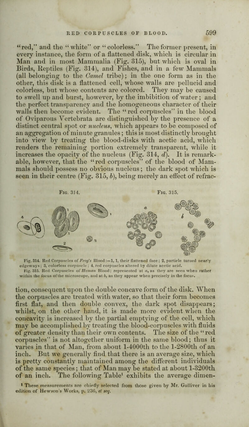 “red,” and the “white” or “colorless.” The former present, in every instance, the form of a flattened disk, which is circular in Man and in most Mammalia (Fig. 315), but which is oval in Birds, Reptiles (Fig. 314), and Fishes, and in a few Mammals (all belonging to the Camel tribe); in the one form as in the other, this disk is a flattened cell, whose walls are pellucid and colorless, hut whose contents are colored. They may be caused to swell up and burst, however, by the imbibition of water ; and the perfect transparency and the homogeneous character of their walls then become evident. The “red corpuscles” in the blood of Oviparous Vertebrata are distinguished by the presence of a distinct central spot or nucleus, which appears to be composed of an aggregation of minute granules; this is most distinctly brought into view by treating the blood-disks with acetic acid, which renders the remaining portion extremely transparent, while it increases the opacity of the nucleus (Fig. 314, d). It is remark- able, however, that the “red corpuscles” of the blood of Mam- mals should possess no obvious nucleus; the dark spot which is seen in their centre (Fig. 315, 6), being merely an effect of refrac- Fig. 3J4. Fig. 315. Fig. 314. Red Corpuscles of Frog's Blood 1,1, their flattened face ; 2, particle turned nearly edgeways; 3, colorless corpuscle ; 4. red corpuscles altered by dilute acetic acid. Fig. 315. Red Corpuscles of Human Blood; represented at a, as they are seen when rather within the focus of the microscope, and at b, as they appear when precisely in the focus. tion, consequent upon the double concave form of the disk. When the corpuscles are treated with water, so that their form becomes first flat, and then double convex, the dark spot disappears; whilst, on the other hand, it is made more evident when the concavity is increased by the partial emptying of the cell, which may be accomplished by treating the blood-corpuscles with fluids of greater density than their own contents. The size of the “red corpuscles” is not altogether uniform in the same blood; thus it varies in that of Man, from about l-4000th to the l-2800th of an inch. But we generally find that there is an average size, which is pretty constantly maintained among the different individuals of the same species; that of Man may be stated at about l-3200th of an inch. The following Table1 exhibits the average dimen- 1 These measurements are chiefly selected from those given by Mr. Gulliver in his edition of Hewson's Works, p. 236, et scq.