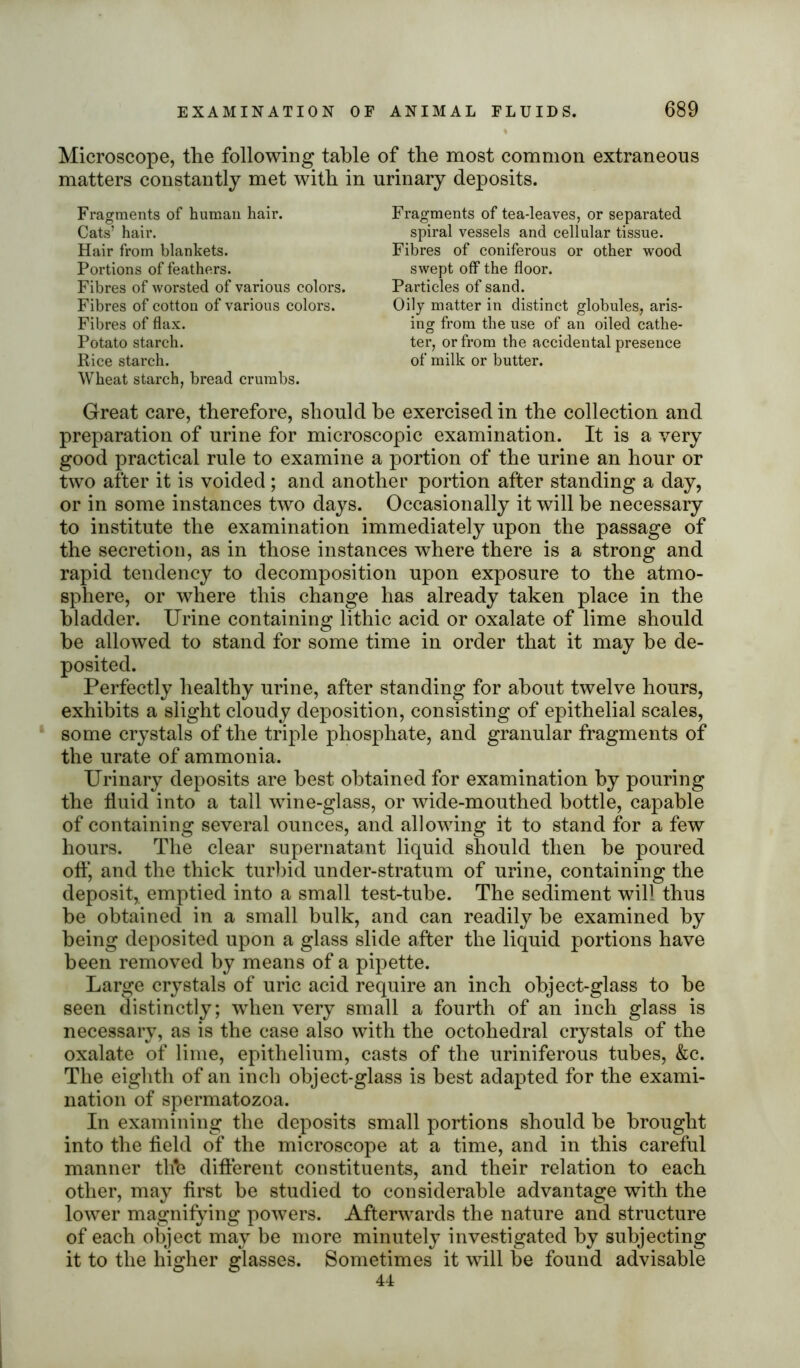Microscope, the following table of the most common extraneous matters constantly met with in urinary deposits. Fragments of human hair. Cats’ hair. Hair from blankets. Portions of feathers. Fibres of worsted of various colors. Fibres of cotton of various colors. Fibres of flax. Potato starch. Rice starch. Wheat starch, bread crumbs. Fragments of tea-leaves, or separated spiral vessels and cellular tissue. Fibres of coniferous or other wood swept off the floor. Particles of sand. Oily matter in distinct globules, aris- ing from the use of an oiled cathe- ter, or from the accidental presence of milk or butter. Great care, therefore, should he exercised in the collection and preparation of urine for microscopic examination. It is a very good practical rule to examine a portion of the urine an hour or two after it is voided; and another portion after standing a day, or in some instances two days. Occasionally it will be necessary to institute the examination immediately upon the passage of the secretion, as in those instances where there is a strong and rapid tendency to decomposition upon exposure to the atmo- sphere, or where this change has already taken place in the bladder. Urine containing lithic acid or oxalate of lime should be allowed to stand for some time in order that it may be de- posited. Perfectly healthy urine, after standing for about twelve hours, exhibits a slight cloudy deposition, consisting of epithelial scales, some crystals of the triple phosphate, and granular fragments of the urate of ammonia. Urinary deposits are best obtained for examination by pouring the fluid into a tall wine-glass, or wide-mouthed bottle, capable of containing several ounces, and allowing it to stand for a few hours. The clear supernatant liquid should then be poured off, and the thick turbid under-stratum of urine, containing the deposit, emptied into a small test-tube. The sediment will thus be obtained in a small bulk, and can readily be examined by being deposited upon a glass slide after the liquid portions have been removed by means of a pipette. Large crystals of uric acid require an inch object-glass to be seen distinctly; when very small a fourth of an inch glass is necessary, as is the case also with the octohedral crystals of the oxalate of lime, epithelium, casts of the uriniferous tubes, &c. The eighth of an inch object-glass is best adapted for the exami- nation of spermatozoa. In examining the deposits small portions should be brought into the field of the microscope at a time, and in this careful manner th*e different constituents, and their relation to each other, may first be studied to considerable advantage with the lower magnifying powers. Afterwards the nature and structure of each object may be more minutely investigated by subjecting it to the higher glasses. Sometimes it will be found advisable 44