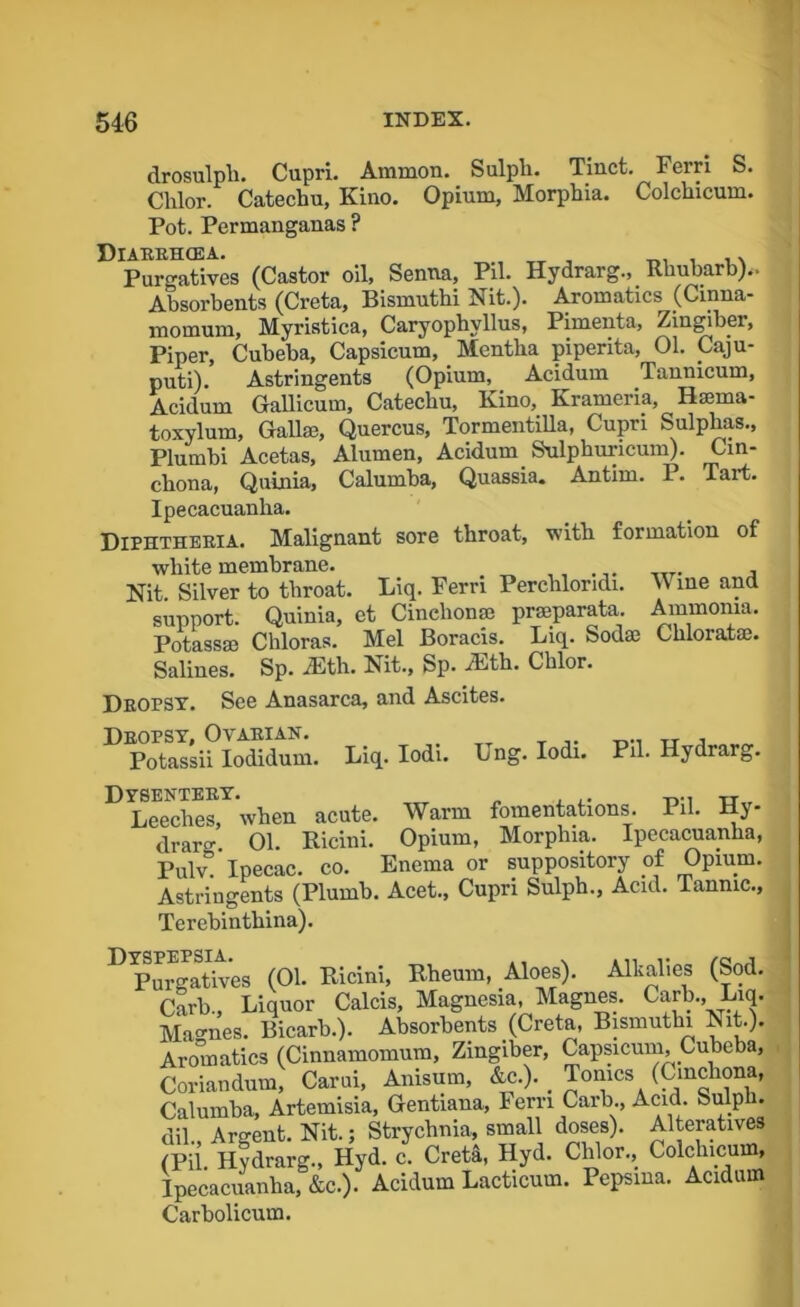 drosulph. Cupri. Ammon. Sulph. Tinct. Ferri S. Chlor. Catechu, Kino. Opium, Morphia. Colchicum. Pot. Permanganas ? Diarehcea. . Purgatives (Castor oil. Senna, Pil. Hydrarg., Rhubarb).. Absorbents (Creta, Bismuthi Nit.). Aromatics (Cinna- momum, Myristica, Caryophvllus, Pimenta, Zingiber, Piper, Cubeba, Capsicum, Mentha piperita, 01. Caju- puti). Astringents (Opium, Acidum Tannicum, Acidum Gallicum, Catechu, Kino, Krameria, Haema- toxylum, Gallai, Quercus, TormentiUa, Cupri Sulphas., Plumbi Acetas, Alumen, Acidum Sulphuricum). Cin- chona, Qulnia, Calumba, Quassia. Antim. P. Tart. Ipecacuanha. Diphtheria. Malignant sore throat, with formation of white membrane. Nit Silver to throat. Liq. Fern Perchloridi. W me and support. Quinia, et Cinclionae praeparata. Ammonia. Potassae Chloras. Mel Boracis. Liq. Sodse Chloratae. Salines. Sp. iEth. Nit., Sp. iEth. Chlor. Dropsy. See Anasarca, and Ascites. Dropsy, Ovarian. , Potassii Iodidum. Liq. Iodi. Ung. Iodi. Pil. Hydrarg. D^eNches,T’when acute. Warm fomentations. Pil. Hy- drarg. 01. Ricini. Opium, Morphia. Ipecacuanha, Pulv! Ipecac, co. Enema or suppository of Opium. Astringents (Plumb. Acet., Cupri Sulph., Acid. Tannic., Terebinthina). DYpurgaStives (01. Ricini, Rheum, Aloes). Alkalies (Sod. Carb., Liquor Calcis, Magnesia, Magnes. Garb. Liq. Mao-nes. Bicarb.). Absorbents (Creta, Bismuthi Nit.). Aromatics (Cinnamomum, Zingiber, Capsicum, Cubeba, Coriandum, Carui, Anisum, &c.). _ Tonics (Cinchona, Calumba, Artemisia, Gentiana, Fern Carb., Acid Sulph. dil., Argent. Nit.; Strychnia, small doses). Alteratives (Pil. Hydrarg., Hyd. c. Creta, Hyd. Clilor., Colchicum, Ipecacuanha, &c.). Acidum Lacticum. Pepsina. Aci urn Carbolicum.