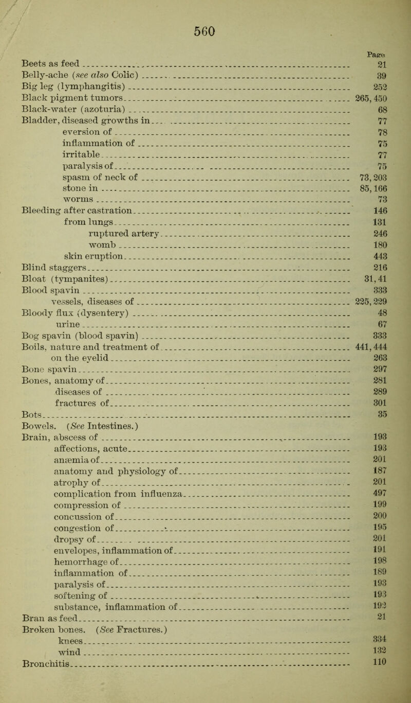 Pagre Beets as feed _ 21 Belly-ache {see also Colic) 39 Big leg (lymphangitis) , 252 Black pigment tumors 265,450 Black-water (azoturia) 68 Bladder, diseased growths in 77 eversion of 78 inflammation of 75 irritable 77 paralysis of... __ , 75 spasm of neck of 78,203 stone in 85,166 worms 73 Bleeding after castration 146 from lungs 131 ruptured artery 246 womb... 180 skin eruption 443 Blind staggers 216 Bloat (tympanites) 31,41 Blood spavin 333 vessels, diseases of 225,229 Bloody flux (dysentery) 48 urine 67 Bog spavin (blood spavin) 333 Boils, nature and treatment of , _ 441,444 on the eyelid 263 Bone spavin 297 Bones, anatomy of. 281 diseases of 289 fractures of 301 Bots • 35 Bowels. {See Intestines.) Brain, abscess of ^ 193 affections, acute 193 anaemia of.. 201 anatomy and physiology of 187 atrophy of 201 complication from influenza 497 compression of 199 concussion of 200 congestion of *_ 195 dropsy of 201 envelopes, inflammation of 191 hemorrhage of 198 inflammation of 189 paralysis of 193 softening of 193 substance, inflammation of 192 Bran as feed. - - 21 Broken bones. {See Fractures.) knees.. 834 wind 182 Bronchitis - - - - - HO