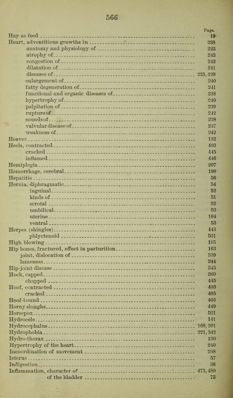 Hay as feed Heart, adventitious growths in anatomy and physiology of atrophy of congestion of dilatation of diseases of enlargement of fatty degeneration of functional and organic diseases of. hypertrophy of palpitation of rupture of sounds of valvular disease of weakness of Heaves Heels, contracted cracked inflamed Hemiplegia Hemorrhage, cerebral. Hepatitis Hernia, diphragmatic.. inguinal kinds of scrotal umbilical uterine ventral Herpes (shingles) phlyctenoid High blowing Hip bones, fractured, effect in parturition joint, dislocation of lameness Hip-joint disease Hock, capped chapped Hoof, contracted cracked Hoof-bound Horny sloughs Horsepox Hydrocele Hydrocephalus Hydrophobia Hydro-thorax Hypertrophy of the heart Incoordination of movement Icterus Indigestion Inflammation, character of of the bladder Page. 19 238 225 242 242 241 225,229 240 241 238 240 239 242 228 237 242 132 403 445 446 207 198 56 54 52 51 52 53 164 53 443 521 105 163 339 344 345 360 445 403 405 403 449 521 141 168,201 221,542 130 240 208 57 36 475,480 75