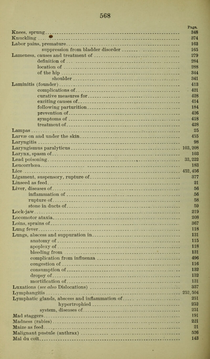 Page. Knees, sprung.. 348 Knuckling _• 374 Labor pains, premature 162 suppression from bladder disorder 165 Lameness, causes and treatment of 279 definition of... 284 location of 288 of the hip 344 shoulder 341 Laminitis (founder) 413 complications of 421 curative measures for 428 exciting causes of 414 following parturition 184 prevention of 426 symptoms of 418 treatment of 428 Lampas 25 Larvae on and under the skin 455 Laryngitis 98 Laryngismus paralyticus 103,208 Larynx, spasm of 103 Lead poisoning. * 33,222 Leucorrhoea 183 Lice 452,456 Ligament, suspensory, rupture of 377 Linseed as feed 21 Liver, diseases of 56 inflammation of 56 rupture of 58 stone in ducts of 59 Lock-jaw. 219 Locomotor ataxia 208 Loins, sprains of 367 Lung fever 118 Lungs, abscess and suppuration in 131 anatomy of 115 apoplexy of 118 bleeding from 131 complication from influenza 496 congestion of 116 consumption of — - - 132 dropsy of 132 mortification of 131 Luxations (see also Dislocations) 337 Lymphangitis 252,504 Lymphatic glands, abscess and inflammation of.. 251 hypertrophied 252 system, diseases of 251 Mad staggers 191 Madness (rabies) — 221 Maize as feed , 21 Malignant pustule (anthrax) 526 Mai du coit 143