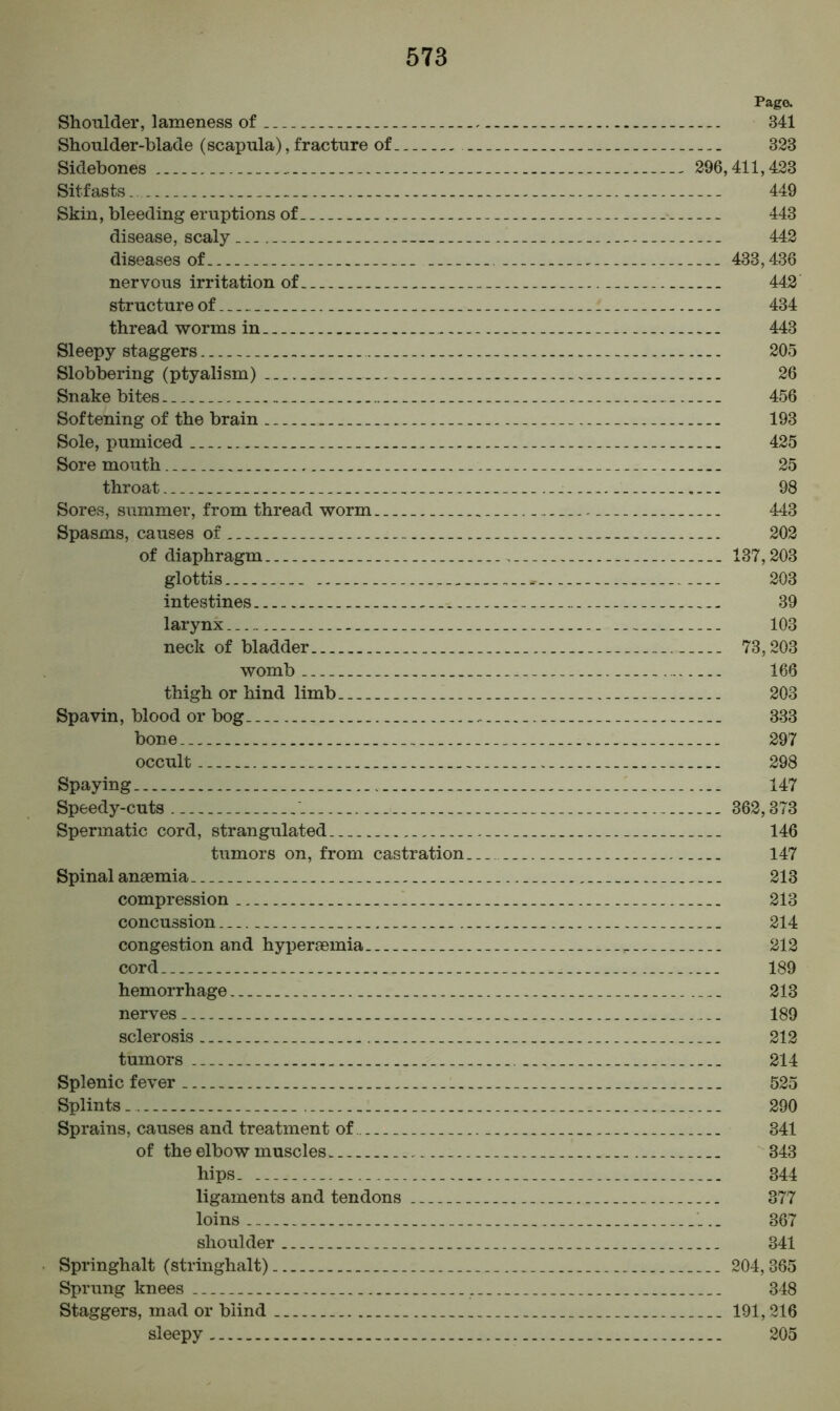 Pago. Shoulder, lameness of 341 Shoulder-blade (scapula), fracture of .. 323 Sidebones 296,411,423 Sitfasts _ 449 Skin, bleeding eruptions of _ - 443 disease, scaly 442 diseases of 433,436 nervous irritation of. _ _ . _ 442 structure of 434 thread worms in 443 Sleepy staggers . 205 Slobbering (ptyalism) 26 Snake bites 456 Softening of the brain 193 Sole, pumiced _. 425 Sore mouth 25 throat 98 Sores, summer, from thread worm - 443 Spasms, causes of 202 of diaphragm 137,203 glottis 203 intestines 39 larynx 103 neck of bladder 73,203 womb 166 thigh or hind limb 203 Spavin, blood or bog 333 bone 297 occult 298 Spaying. 147 Speedy-cuts 362,373 Spermatic cord, strangulated 146 tumors on, from castration 147 Spinal anaemia 213 compression 213 concussion 214 congestion and hyperaemia 212 cord 189 hemorrhage 213 nerves 189 sclerosis 212 tumors 214 Splenic fever 525 Splints . 290 Sprains, causes and treatment of 341 of the elbow muscles. 343 hips. 344 ligaments and tendons 377 loins. ... 367 shoulder 341 Springhalt (stringhalt) 204,365 Sprung knees 348 Staggers, mad or blind 191,216 sleepy 205