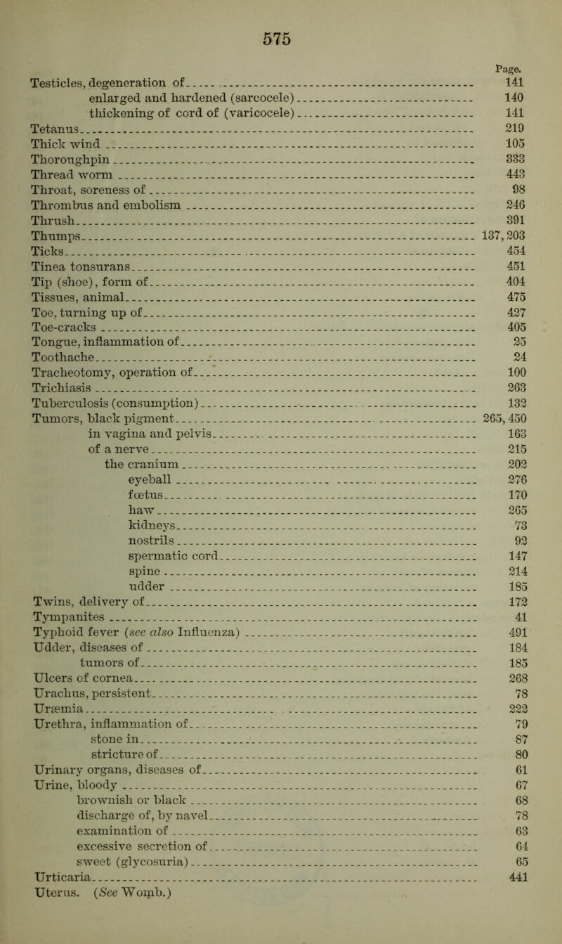 Page. Testicles, degeneration of 141 enlarged and hardened (sarcocele) 140 thickening of cord of (varicocele) _ 141 Tetanus - 219 Thick wind .. . 105 Thoroughpin . 333 Thread worm .. 443 Throat, soreness of 98 Thrombus and embolism 246 Thrush 391 Thumps. 137,203 Ticks.. 454 Tinea tonsurans 451 Tip (shoe), form of 404 Tissues, animal 475 Toe, turning up of 427 Toe-cracks 405 Tongue, inflammation of 25 Toothache 24 Tracheotomy, operation of 100 Trichiasis 263 Tuberculosis (consumption) _______ 132 Tumors, black pigment 265,450 in vagina and pelvis 163 of a nerve 215 the cranium 202 eyeball 276 foetus. 170 haw 265 kidneys. 73 nostrils 92 spermatic cord 147 spine 214 udder 185 Twins, delivery of 172 Tympanites 41 Typhoid fever (see also Influenza) 491 Udder, diseases of 184 tumors of 185 Ulcers of cornea 268 Urachus, persistent 78 Uraemia 222 Urethra, inflammation of 79 stone in 87 stricture of.. 80 Urinary organs, diseases of. 61 Urine, bloody 67 brownish or black 68 discharge of, by navel 78 examination of 63 excessive secretion of 64 sweet (glycosuria) 65 Urticaria 441 Uterus. (SeeWoipb.)