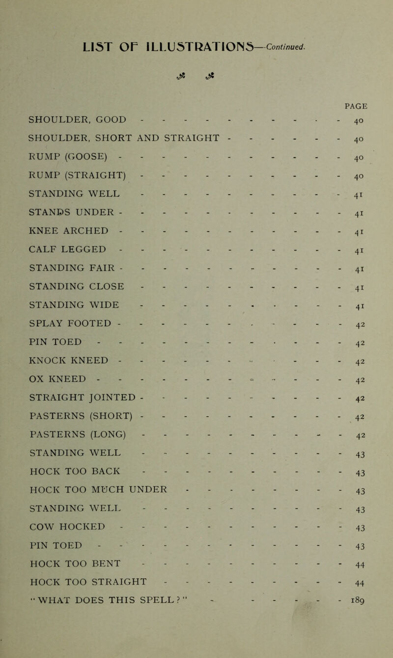 LIST or ILLUSTRATIONS —Continued. & PAGE SHOULDER, GOOD 40 SHOULDER, SHORT AND STRAIGHT 40 RUMP (GOOSE) 40 RUMP (STRAIGHT) 40 STANDING WELL - - 4I STANDS UNDER - 41 KNEE ARCHED 41 CALF LEGGED - - - 41 STANDING FAIR 4I STANDING CLOSE - 41 STANDING WIDE - - 41 SPLAY FOOTED - 42 PIN TOED - 42 KNOCK KNEED • - - - 42 OX KNEED - 42 STRAIGHT JOINTED --------- 42 PASTERNS (SHORT) - 42 PASTERNS (LONG) - 42 STANDING WELL ---------- 43 HOCK TOO BACK 43 HOCK TOO MUCH UNDER 43 STANDING WELL - 43 COW HOCKED 43 PIN TOED ----- 43 HOCK TOO BENT ---------- 44 HOCK TOO STRAIGHT 44 “WHAT DOES THIS SPELL?” - - - - - - 189
