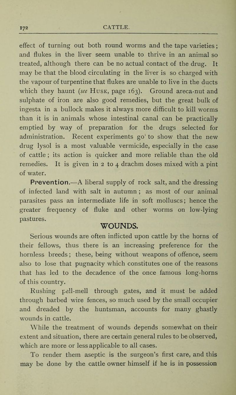 effect of turning out both round worms and the tape varieties; and flukes in the liver seem unable to thrive in an animal so treated, although there can be no actual contact of the drug. It may be that the blood circulating in the liver is so charged with the vapour of turpentine that flukes are unable to live in the ducts which they haunt (see Husk, page 163). Ground areca-nut and sulphate of iron are also good remedies, but the great bulk of ingesta in a bullock makes it always more difficult to kill worms than it is in animals whose intestinal canal can be practically emptied by way of preparation for the drugs selected for administration. Recent experiments go1 to show that the new drug lysol is a most valuable vermicide, especially in the case of cattle ; its action is quicker and more reliable than the old remedies. It is given in 2 to 4 drachm doses mixed with a pint of water. Prevention.—A liberal supply of rock salt, and the dressing of infected land with salt in autumn ; as most of our animal parasites pass an intermediate life in soft molluscs; hence the greater frequency of fluke and other worms on low-lying pastures. WOUNDS* Serious wounds are often inflicted upon cattle by the horns of their fellows, thus there is an increasing preference for the hornless breeds; these, being without weapons of offence, seem also to lose that pugnacity which constitutes one of the reasons that has led to the decadence of the once famous long-horns of this country. Rushing pell-mell through gates, and it must be added through barbed wire fences, so much used by the small occupier and dreaded by the huntsman, accounts for many ghastly wounds in cattle. While the treatment of wounds depends somewhat on their extent and situation, there are certain general rules to be observed, which are more or less applicable to all cases. To render them aseptic is the surgeon’s first care, and this may be done by the cattle owner himself if he is in possession