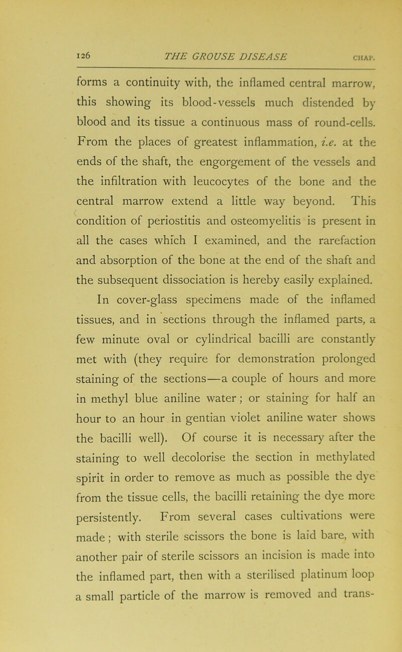 forms a continuity with, the inflamed central marrow, this showing its blood-vessels much distended by blood and its tissue a continuous mass of round-cells. From the places of greatest inflammation, i.e. at the ends of the shaft, the engorgement of the vessels and the infiltration with leucocytes of the bone and the central marrow extend a little way beyond. This condition of periostitis and osteomyelitis is present in all the cases which I examined, and the rarefaction and absorption of the bone at the end of the shaft and the subsequent dissociation is hereby easily explained. In cover-glass specimens made of the inflamed tissues, and in sections through the inflamed parts, a few minute oval or cylindrical bacilli are constantly met with (they require for demonstration prolonged staining of the sections—a couple of hours and more in methyl blue aniline water; or staining for half an hour to an hour in gentian violet aniline water shows the bacilli well). Of course it is necessary after the staining to well decolorise the section in methylated spirit in order to remove as much as possible the dye from the tissue cells, the bacilli retaining the dye more persistently. From several cases cultivations were made ; with sterile scissors the bone is laid bare, with another pair of sterile scissors an incision is made into the inflamed part, then with a sterilised platinum loop a small particle of the marrow is removed and trans-