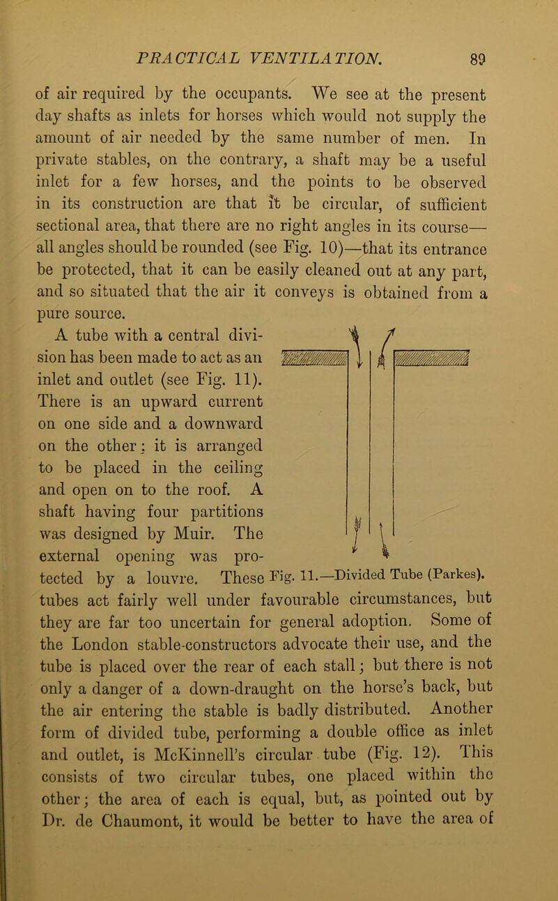 of air required by the occupants. We see at the present day shafts as inlets for horses which would not supply the amount of air needed by the same number of men. In private stables, on the contrary, a shaft may be a useful inlet for a few horses, and the points to be observed in its construction are that it be circular, of sufficient sectional area, that there are no right angles in its course— all angles should be rounded (see Fig. 10)—that its entrance be protected, that it can be easily cleaned out at any part, and so situated that the air it conveys is obtained from a pure source. A tube with a central divi- sion has been made to act as an WfflMM. inlet and outlet (see Fig. 11). There is an upward current on one side and a downward on the other: it is arranged to be placed in the ceiling and open on to the roof. A shaft having four partitions was designed by Muir. The external opening was pro- tected by a louvre. These Fig. 11.—Divided Tube (Parkes). tubes act fairly well under favourable circumstances, but they are far too uncertain for general adoption. Some of the London stable-constructors advocate their use, and the tube is placed over the rear of each stall; but there is not only a danger of a down-draught on the horse’s back, but the air entering the stable is badly distributed. Another form of divided tube, performing a double office as inlet and outlet, is McKinnell’s circular tube (Fig. 12). Ihis consists of two circular tubes, one placed within the other; the area of each is equal, but, as pointed out by Dr. de Chaumont, it would be better to have the area of