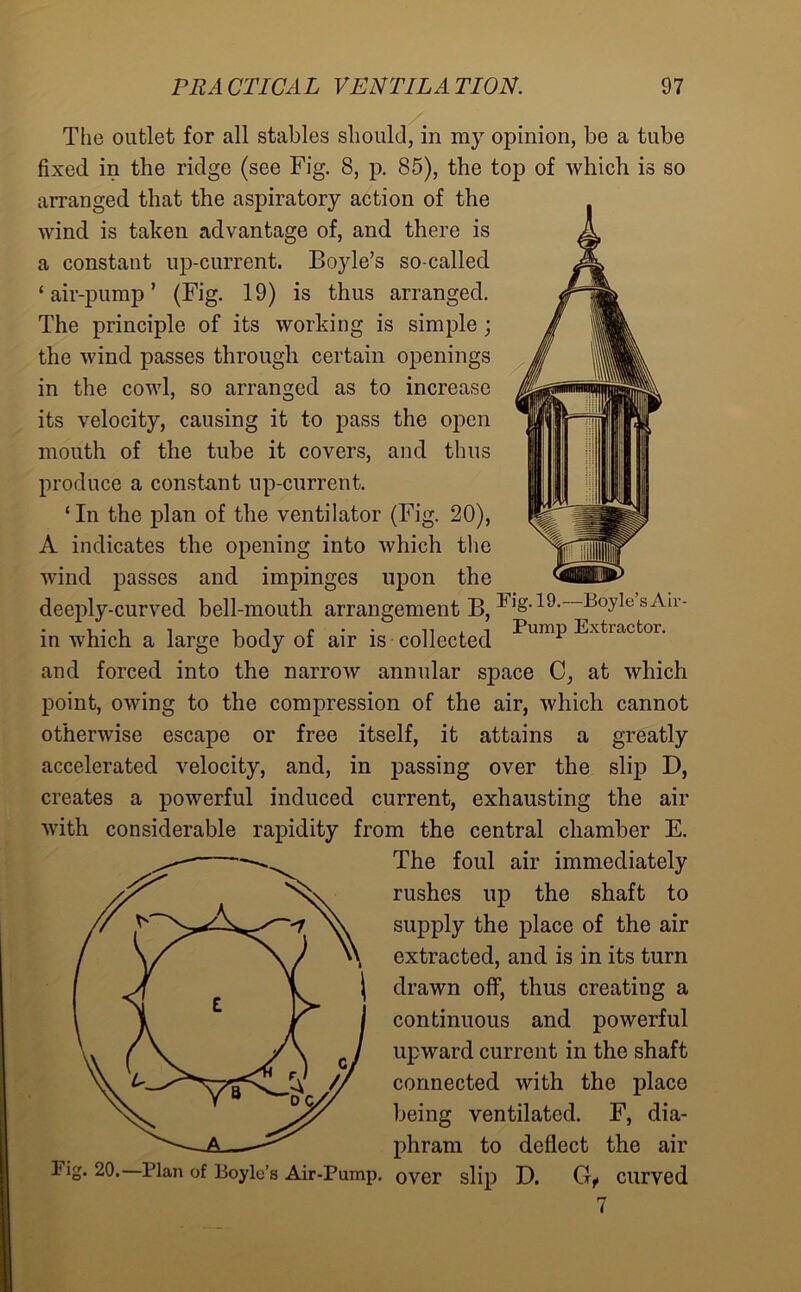 The outlet for all stables should, in my opinion, be a tube fixed in the ridge (see Fig. 8, p. 85), the top of which is so arranged that the aspiratory action of the wind is taken advantage of, and there is a constant up-current. Boyle’s so-called ‘air-pump’ (Fig. 19) is thus arranged. The principle of its working is simple ; the wind passes through certain openings in the cowl, so arranged as to increase its velocity, causing it to pass the open mouth of the tube it covers, and thus produce a constant up-current. ‘In the plan of the ventilator (Fig. 20), A indicates the opening into which the wind passes and impinges upon the deeply-curved bell-mouth arrangement B, Fig. 19.—Boyle sAir- . , . , ■, , , f 11,1 Pump Extractor. in which a large body of air is collected and forced into the narrow annular space C, at which point, owing to the compression of the air, which cannot otherwise escape or free itself, it attains a greatly accelerated velocity, and, in passing over the slip D, creates a powerful induced current, exhausting the air with considerable rapidity from the central chamber E. The foul air immediately rushes up the shaft to supply the place of the air extracted, and is in its turn drawn off, thus creating a continuous and powerful upward current in the shaft connected with the place being ventilated. F, dia- phram to deflect the air 20. Plan of Boyle’s Air-Pump, over slip D. G,» curved 7