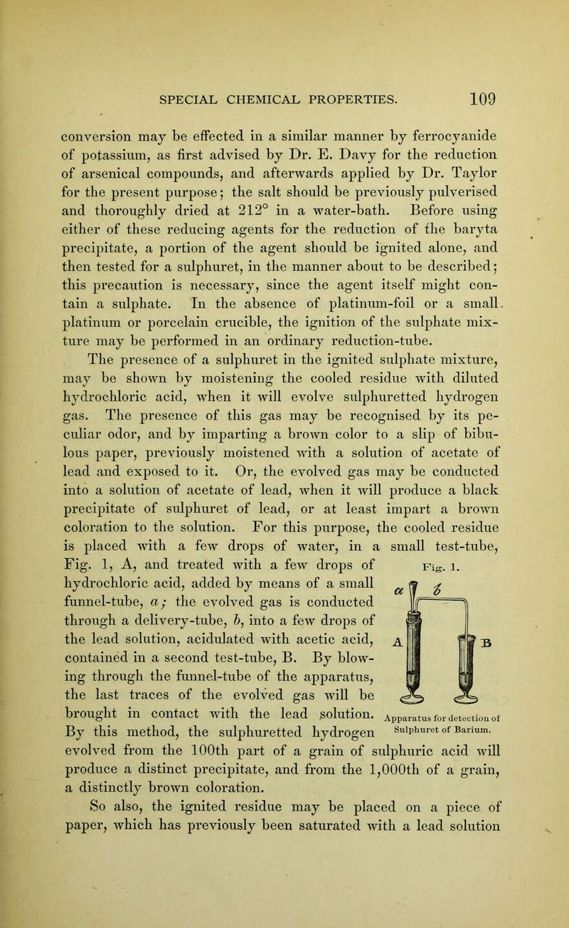 conversion may be effected in a similar manner by ferrocyanide of potassium, as first advised by Dr. E. Davy for the reduction of arsenical compounds, and afterwards applied by Dr. Taylor for the present purpose; the salt should be previously pulverised and thoroughly dried at 212° in a water-bath. Before using either of these reducing agents for the reduction of the baryta precipitate, a portion of the agent should be ignited alone, and then tested for a sulphuret, in the manner about to be described; this precaution is necessary, since the agent itself might con- tain a sulphate. In the absence of platinum-foil or a small platinum or porcelain crucible, the ignition of the sulphate mix- ture may be performed in an ordinary reduction-tube. The presence of a sulphuret in the ignited sulphate mixture, may be shown by moistening the cooled residue with diluted hydrochloric acid, when it will evolve sulphuretted hydrogen gas. The presence of this gas may be recognised by its pe- culiar odor, and by imparting a brown color to a slip of bibu- lous paper, previously moistened with a solution of acetate of lead and exposed to it. Or, the evolved gas may be conducted into a solution of acetate of lead, when it will produce a black precipitate of sulphuret of lead, or at least impart a brown coloration to the solution. For this purpose, the cooled residue is placed with a few drops of water, in a small test-tube, Fig. 1, A, and treated with a few drops of hydrochloric acid, added by means of a small funnel-tube, a; the evolved gas is conducted through a delivery-tube, &, into a few drops of the lead solution, acidulated with acetic acid, contained in a second test-tube, B. By blow- ing through the funnel-tube of the apparatus, the last traces of the evolved gas will be brought in contact with the lead solution. By this method, the sulphuretted hydrogen evolved from the 100th part of a grain of sulphuric acid will produce a distinct precipitate, and from the 1,000th of a grain, a distinctly brown coloration. So also, the ignited residue may be placed on a piece of paper, which has previously been saturated with a lead solution Fig Apparatus for detection of Sulphuret of Barium.