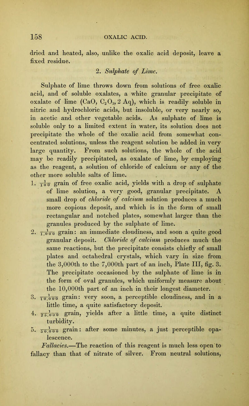 dried and heated, also, unlike the oxalic acid deposit, leave a fixed residue. 2. Sulphate of Lime. Sulphate of lime throws down from solutions of free oxalic acid, and of soluble oxalates, a white granular precipitate of oxalate of lime (CaO, C203, 2 Aq), which is readily soluble in nitric and hydrochloric acids, but insoluble, or very nearly so, in acetic and other vegetable acids. As sulphate of lime is soluble only to a limited extent in water, its solution does not precipitate the whole of the oxalic acid from somewhat con- centrated solutions, unless the reagent solution be added in very large quantity. From such solutions, the whole of the acid may be readily precipitated, as oxalate of lime, by employing as the reagent, a solution of chloride of calcium or any of the other more soluble salts of lime. 1. yij-o grain of free oxalic acid, yields with a drop of sulphate of lime solution, a very good, granular precipitate. A small drop of chloride of calcium solution produces a much more copious deposit, and which is in the form of small rectangular and notched plates, somewhat larger than the granules produced by the sulphate of lime. 2. i.oo1o grain: an immediate cloudiness, and soon a quite good granular deposit. Chloride of calcium produces much the same reactions, but the precipitate consists chiefly of small plates and octahedral crystals, which vary in size from the 3,000th to the 7,000th part of an inch, Plate III, fig. 3. The precipitate occasioned by the sulphate of lime is in the form of oval grannies, which uniformly measure about the 10,000th part of an inch in their longest diameter. 3. io,oo~o grain: very soon, a perceptible cloudiness, and in a little time, a quite satisfactory deposit. 4. 2tJouo grain, yields after a little time, a quite distinct turbidity. 5. 5o.oo o' grain: after some minutes, a just perceptible opa- lescence. Fallacies.—The reaction of this reagent is much less open to fallacy than that of nitrate of silver. From neutral solutions,