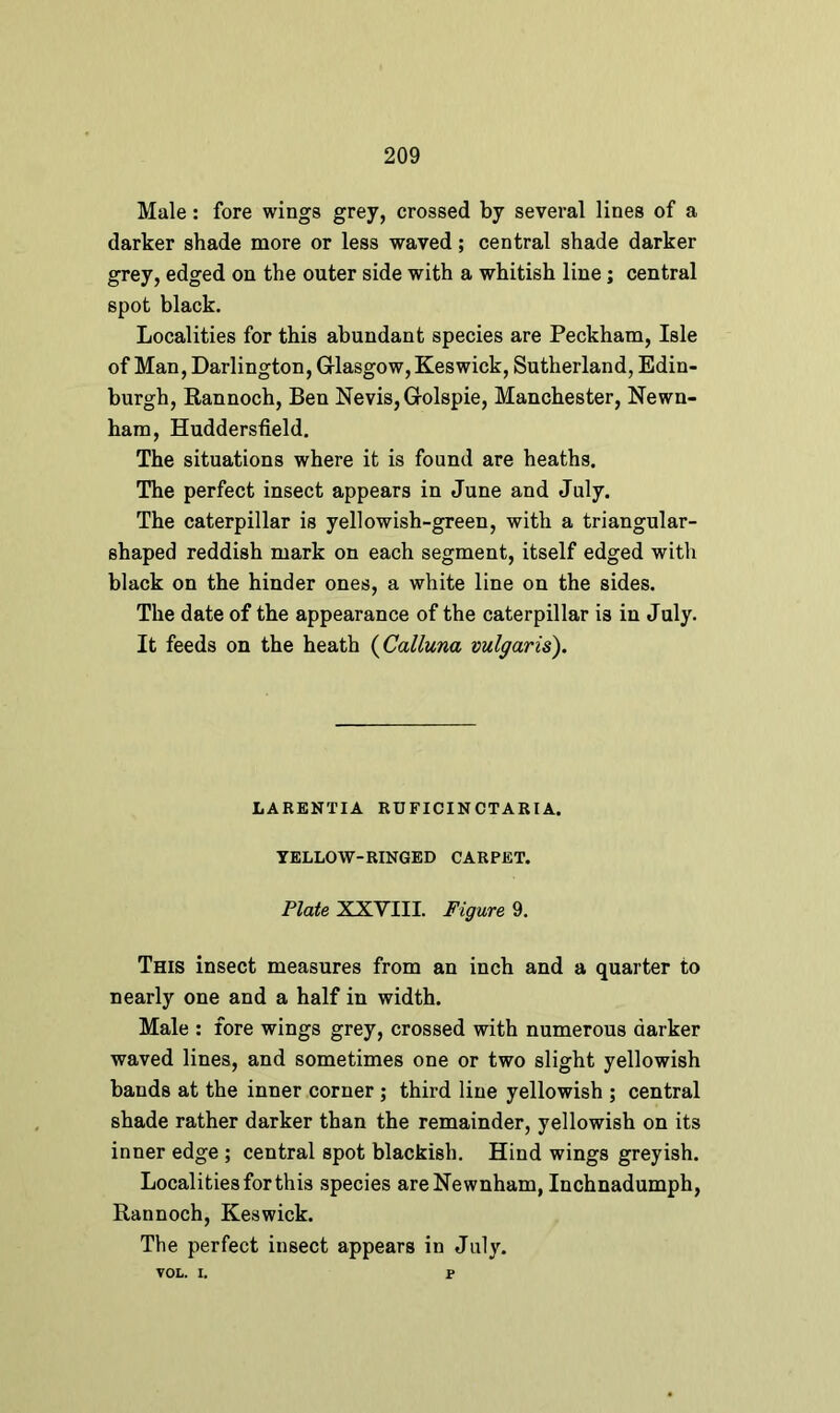 Male: fore wings grey, crossed by several lines of a darker shade more or less waved; central shade darker grey, edged on the outer side with a whitish line; central spot black. Localities for this abundant species are Peckham, Isle of Man, Darlington, Glasgow, Keswick, Sutherland, Edin- burgh, Rannoch, Ben Nevis, Golspie, Manchester, Newn- ham, Huddersfield. The situations where it is found are heaths. The perfect insect appears in June and July. The caterpillar is yellowish-green, with a triangular- shaped reddish mark on each segment, itself edged with black on the hinder ones, a white line on the sides. The date of the appearance of the caterpillar is in July. It feeds on the heath (Calluna vulgaris). LARENTIA RU FICIN CT ARI A. YELLOW-RINGED CARPET. Plate XXYIII. Figure 9. This insect measures from an inch and a quarter to nearly one and a half in width. Male : fore wings grey, crossed with numerous darker waved lines, and sometimes one or two slight yellowish bands at the inner corner ; third line yellowish ; central shade rather darker than the remainder, yellowish on its inner edge ; central spot blackish. Hind wings greyish. Localities for this species areNewnham, Inchnadumph, Rannoch, Keswick. The perfect insect appears in July. VOL. I. r