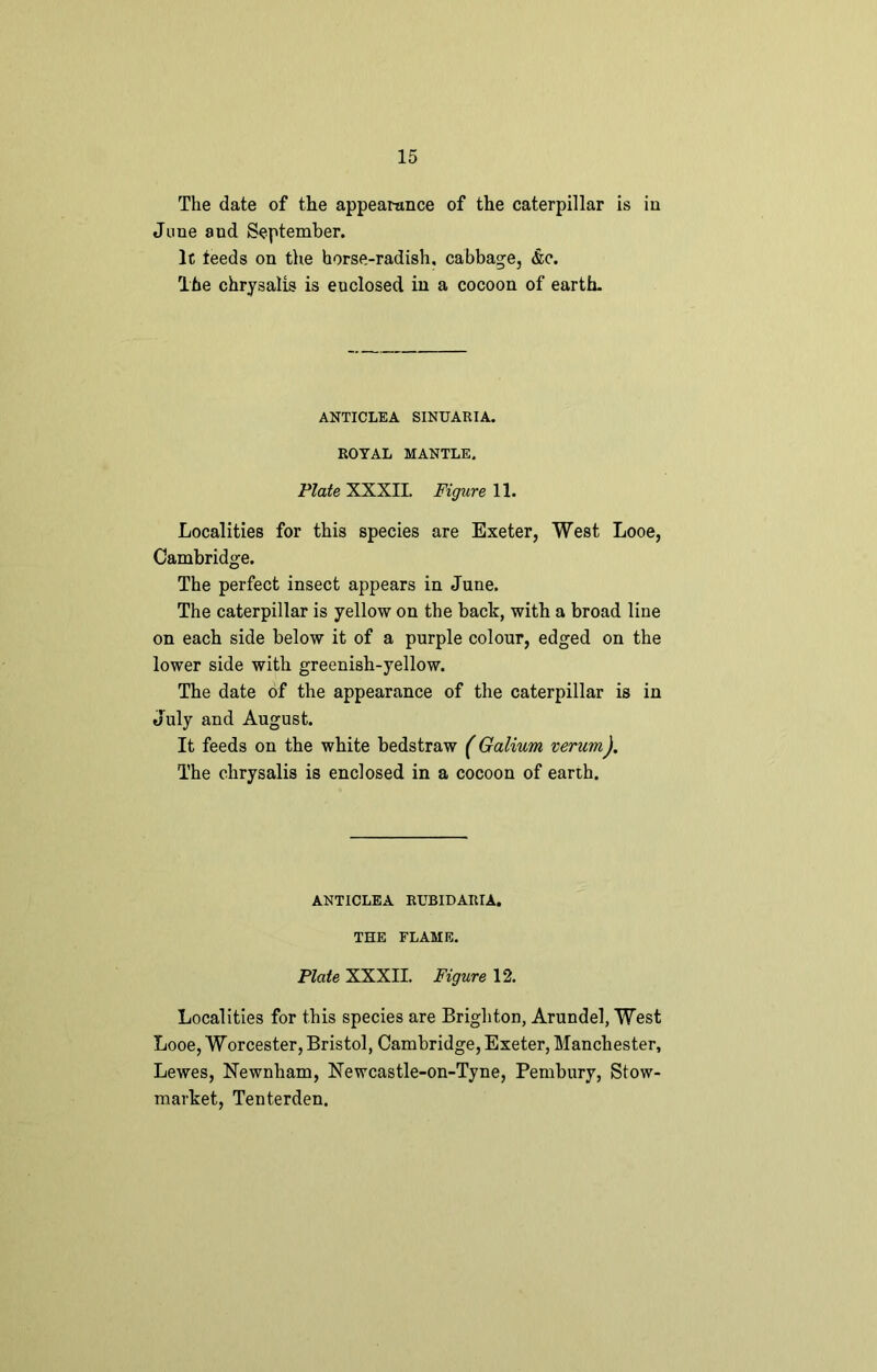 The date of the appearance of the caterpillar is in June and September. It ieeds on the horse-radish, cabbage, &c. The chrysalis is enclosed in a cocoon of earth. ANTICLEA SINUARIA. ROYAL MANTLE. Plate XXXII. Figure 11. Localities for this species are Exeter, West Looe, Cambridge. The perfect insect appears in June. The caterpillar is yellow on the bach, with a broad line on each side below it of a purple colour, edged on the lower side with greenish-yellow. The date of the appearance of the caterpillar is in July and August. It feeds on the white bedstraw (Galium verum). The chrysalis is enclosed in a cocoon of earth. ANTICLEA RUBIDARIA. THE FLAME. Plate XXXII. Figure 12. Localities for this species are Brighton, Arundel, West Looe, Worcester, Bristol, Cambridge, Exeter, Manchester, Lewes, Newnham, Newcastle-on-Tyne, Pembury, Stow- market, Tenterden.