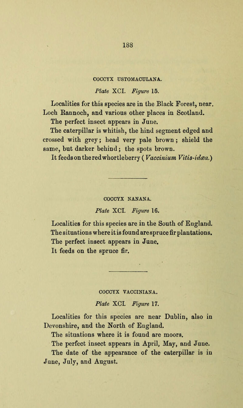 COCCYX USTOMACULANA. Plate XCI. Figure 15. Localities for this species are in the Black Forest, near. Loch Rannoch, and various other places in Scotland. The perfect insect appears in June, The caterpillar is whitish, the hind segment edged and crossed with grey; head very pale brown; shield the same, but darker behind; the spots brown. It feeds on the red whortleberry ( Vaccinium Vitis-idcea.) COCCYX NANANA. Plate XCI. Figure 16. Localities for this species are in the South of England. The situations where it is found are spruce fir plantations. The perfect insect appears in June. It feeds on the spruce fir. COCCYX VACCINIANA. Plate XCL Figure 17. Localities for this species are near Dublin, also in Devonshire, and the North of England. The situations where it is found are moors. The perfect insect appears in April, May, and June. The date of the appearance of the caterpillar is in June, July, and August.